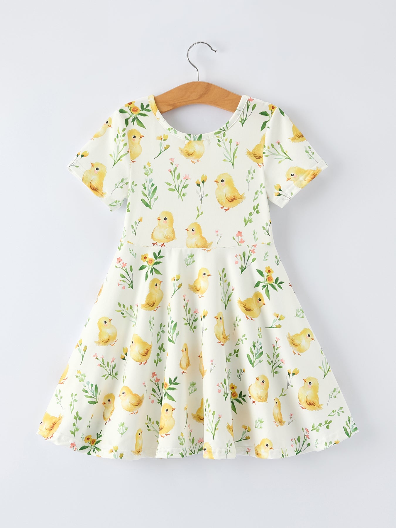 Easter Chick Floral Girls Twirl Short Sleeve Dress
