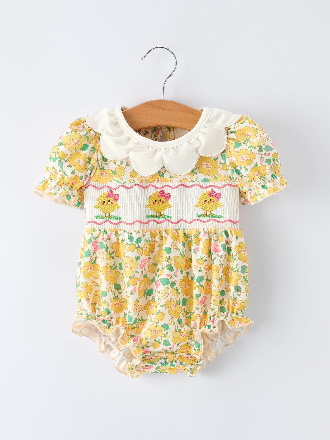 Easter Yellow Chick Embroidery Floral Baby Girl Romper