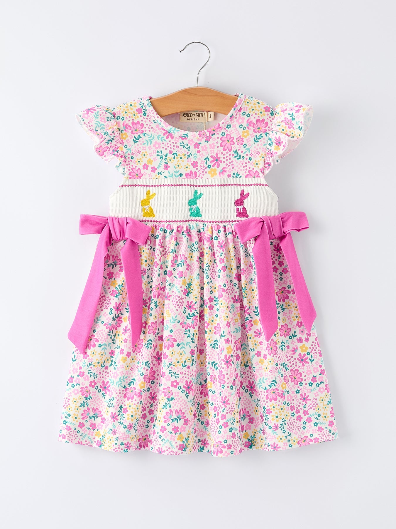 Easter Colorful Floral Bunny Bow Smocking Embroidery Girl Dress