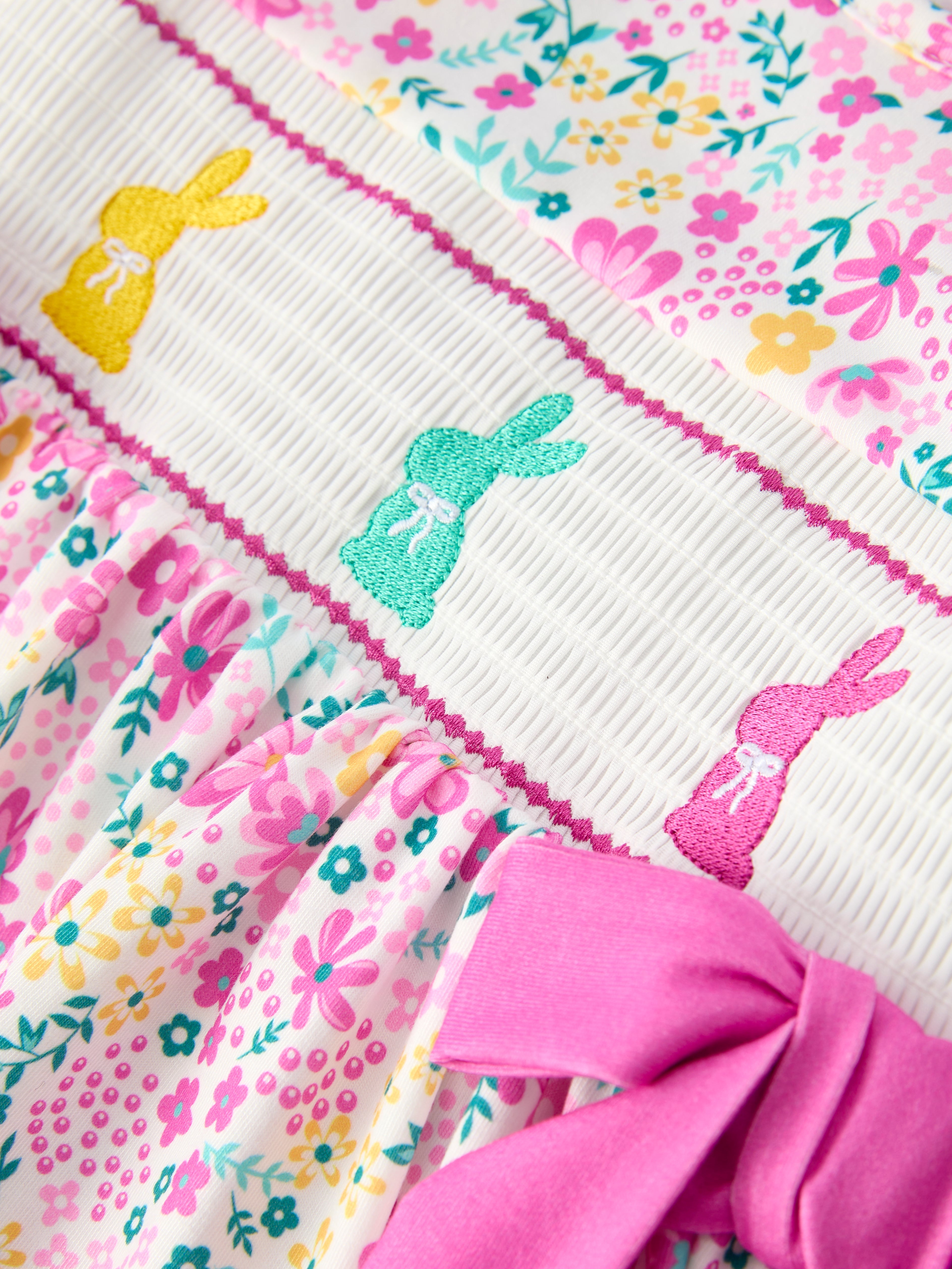 Easter Colorful Floral Bunny Bow Smocking Embroidery Girl Dress