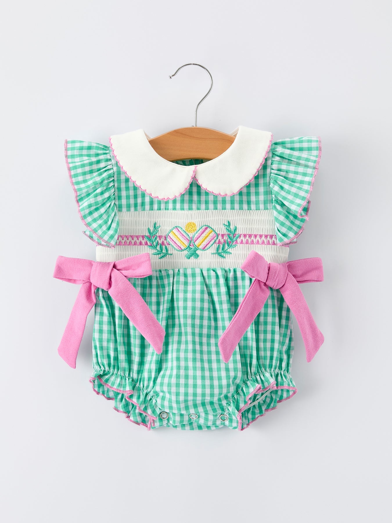 Pickle Ball Bow Ruffle Smocked Green Baby Girl Romper
