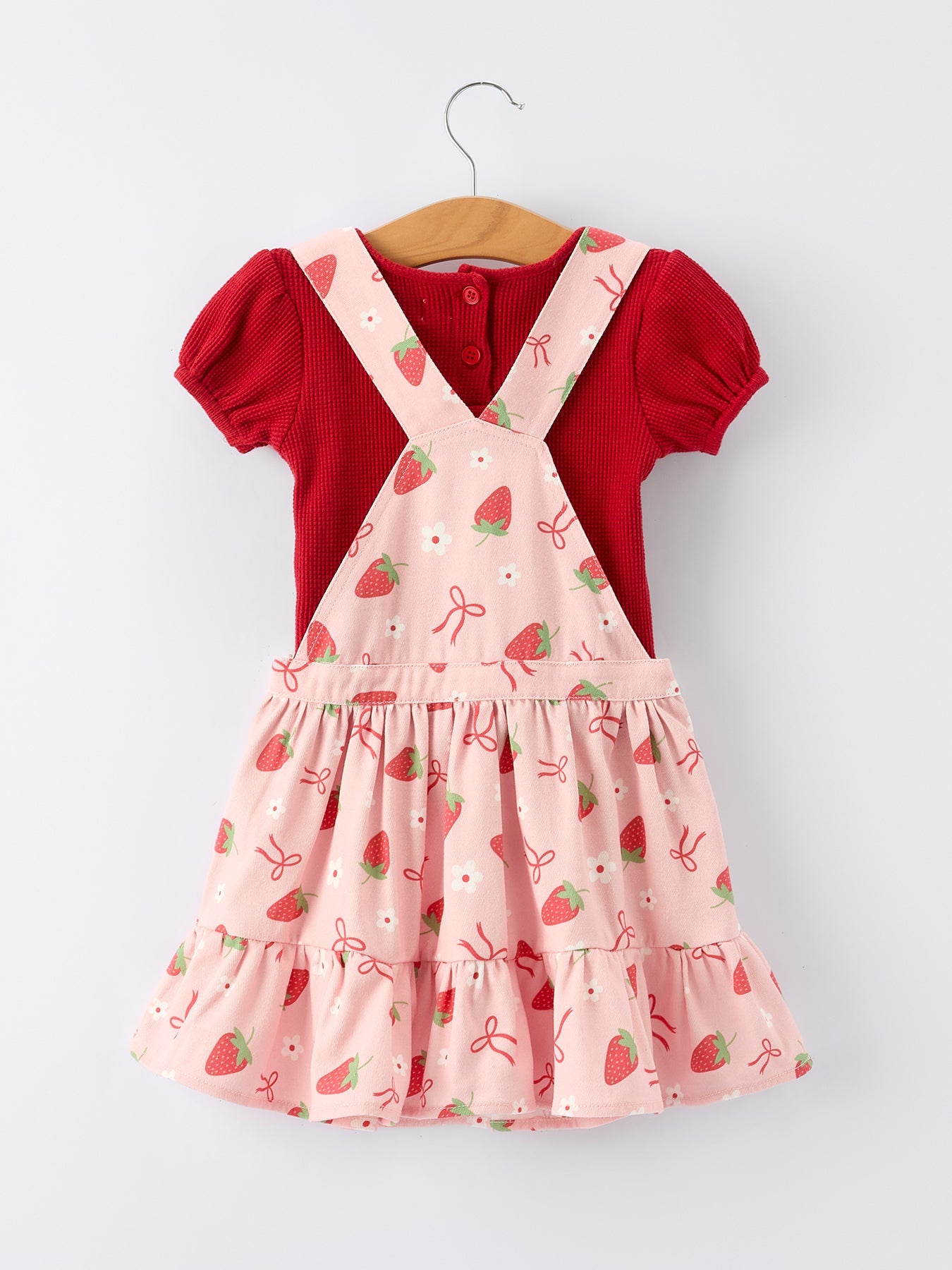 Girls Spring Short-sleeved Top + Strawberry Print Overall Dress Set