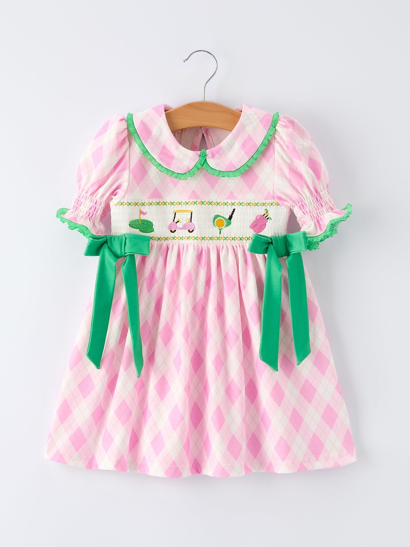 Spring Golf Embroidered Girls Smocked Bow Dress