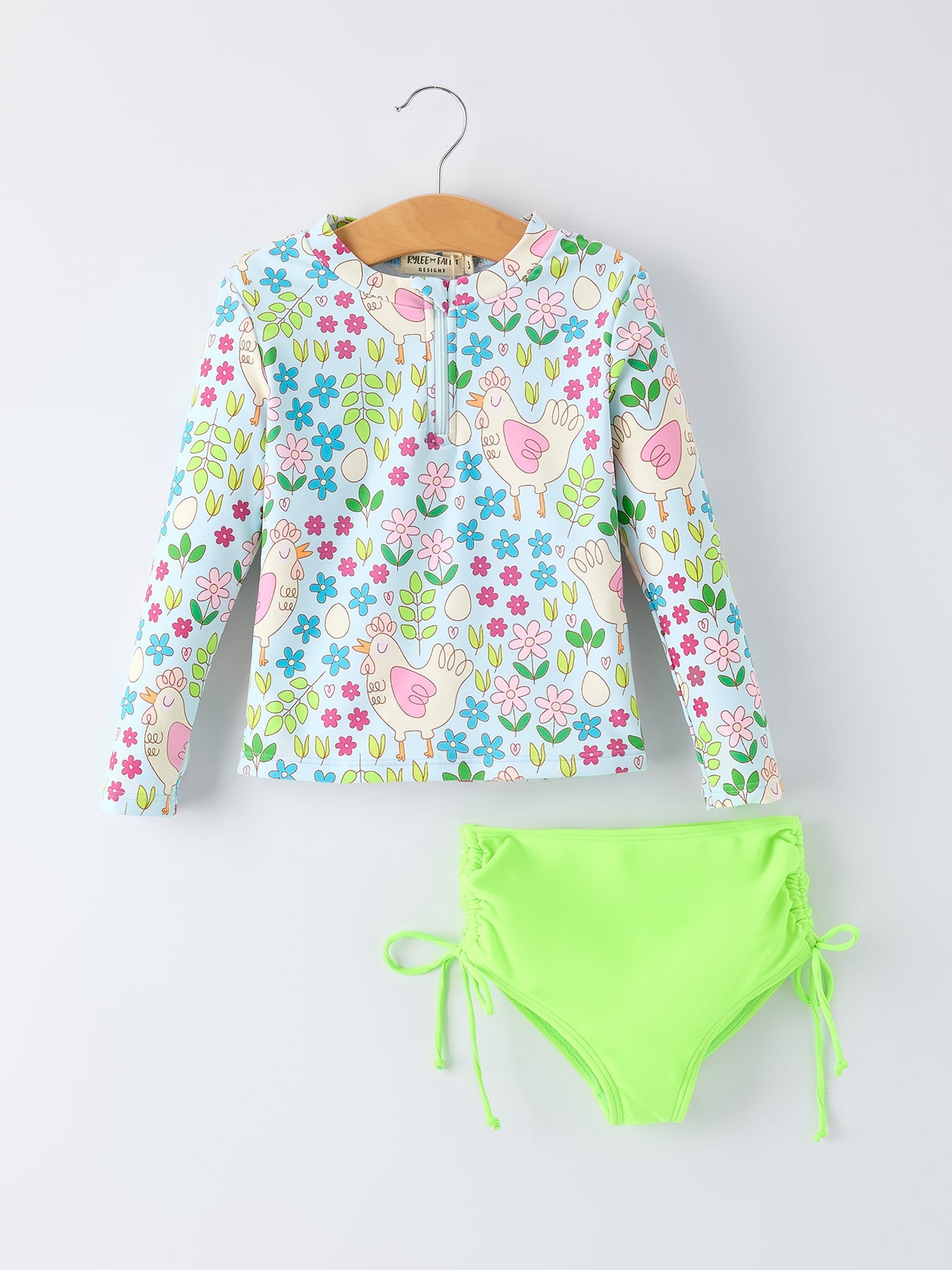 Summer Chicken Print Girls Long Sleeve Swim Set