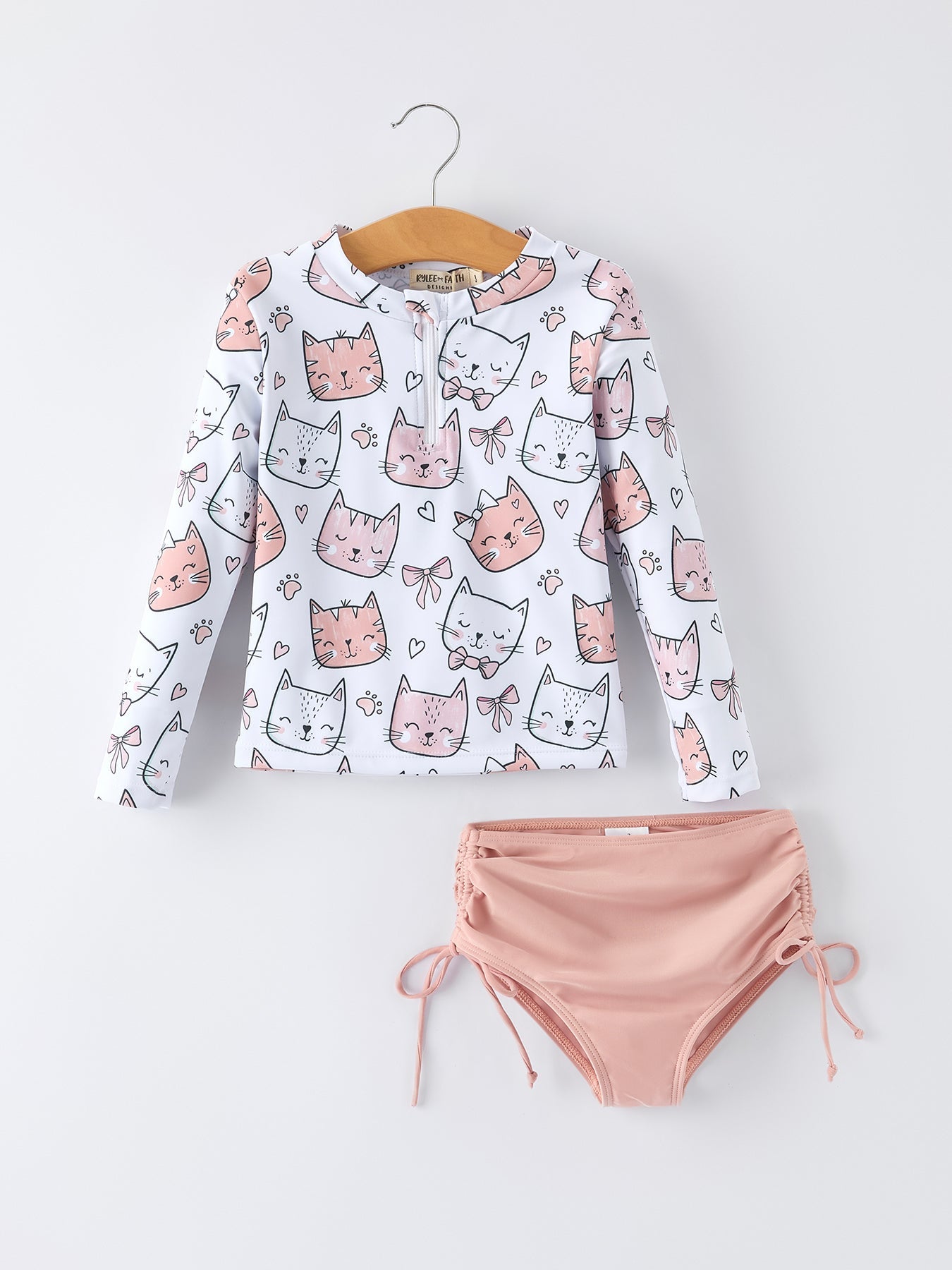 Summer Cat Print Girls Long Sleeve Swim Set