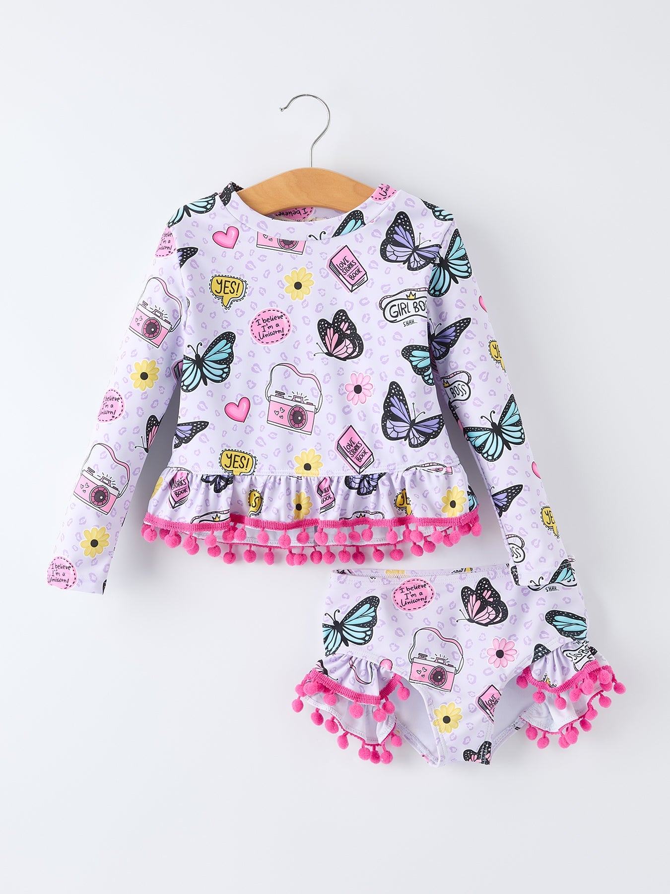 Girls Butterfly Long Sleeve Ruffle Swimsuit Set