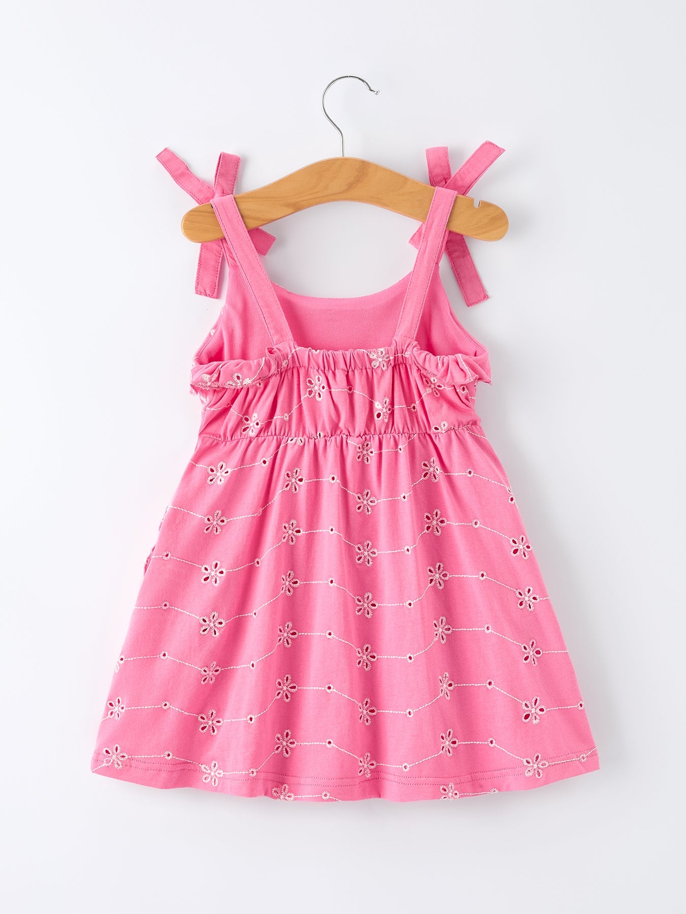 Pink Color Girl Bow Strap Ruffle Dress