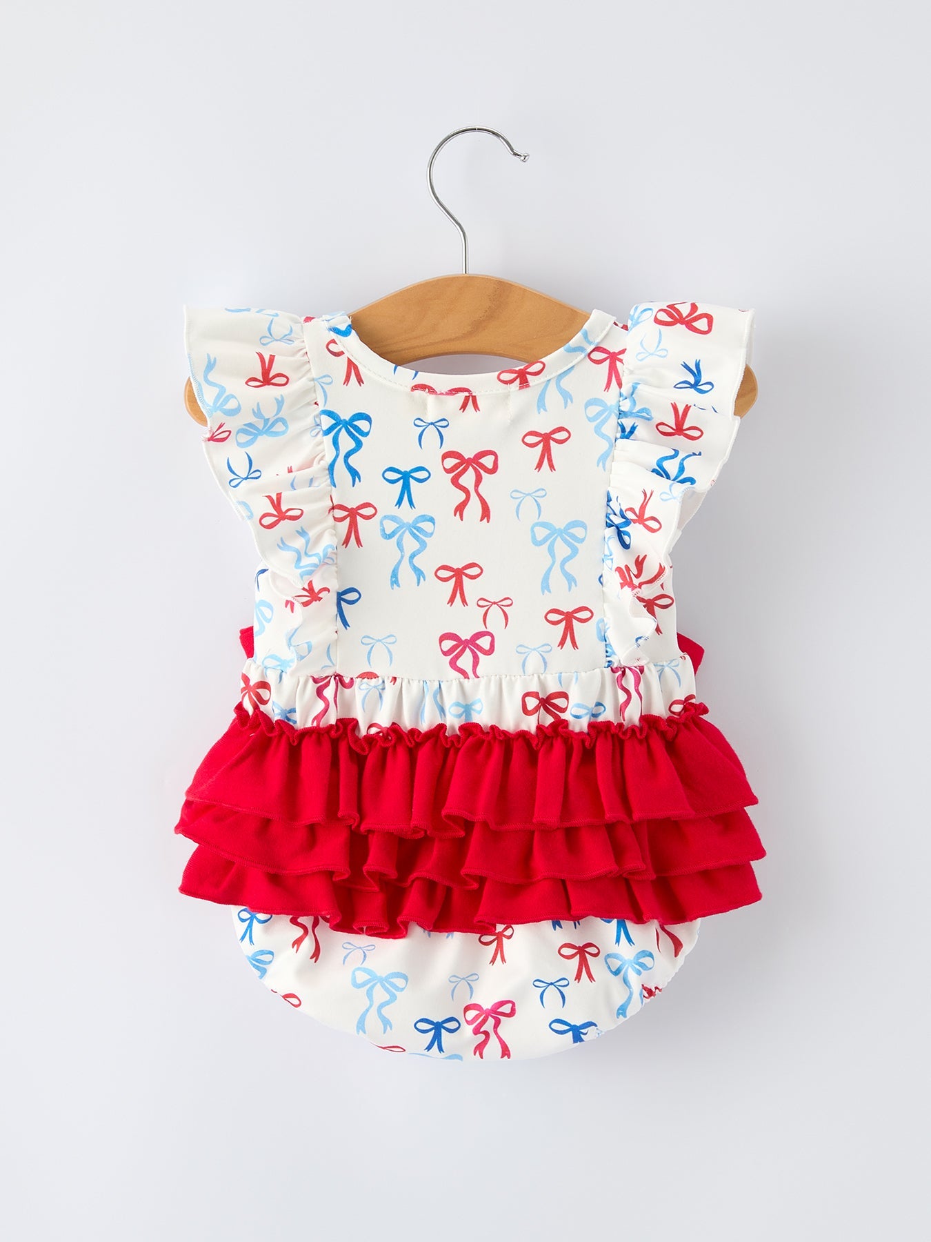 4th Of July Bow Print Baby Girl Romper With Ruffle Details
