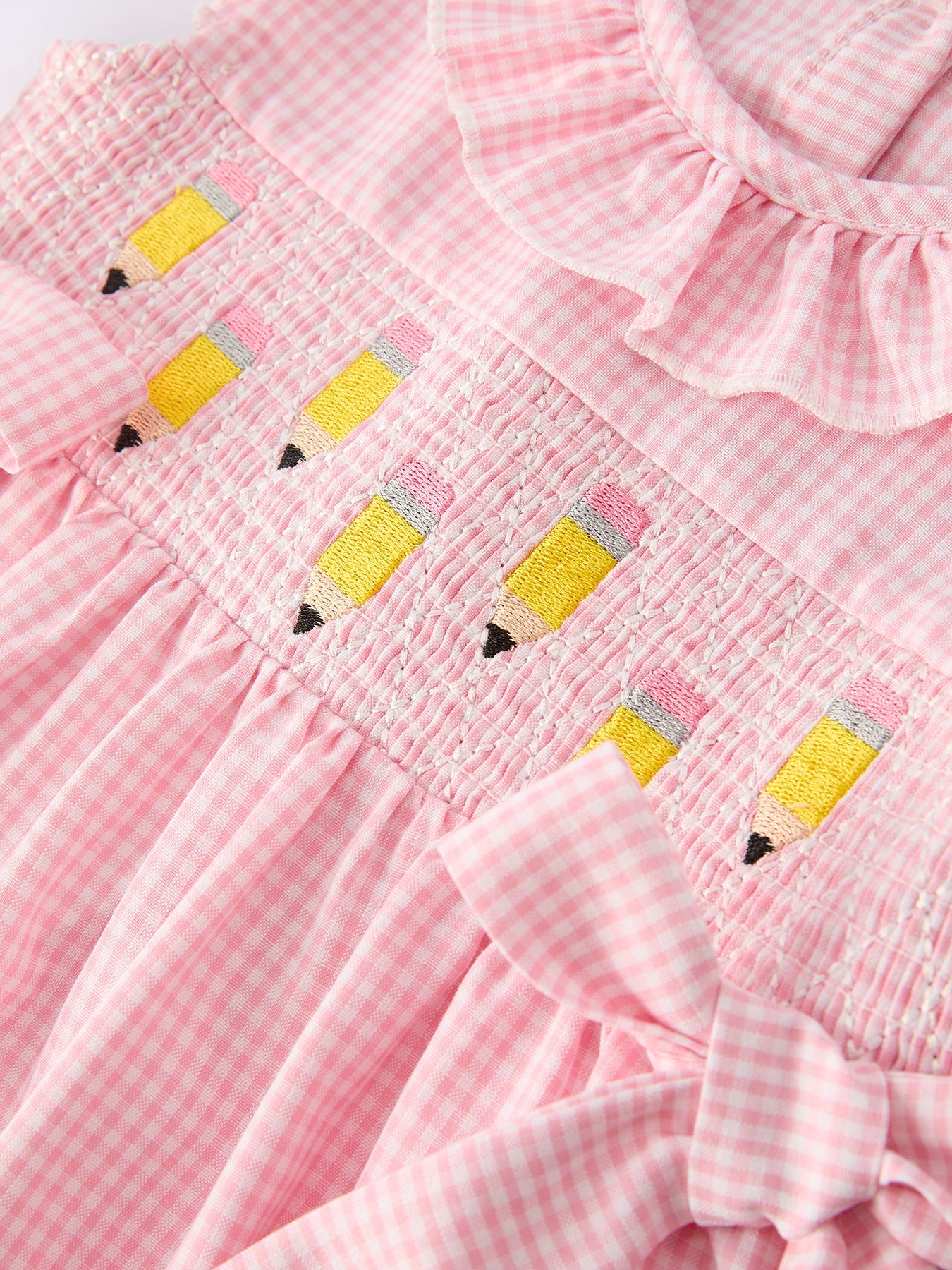 Back To School Pencil Plaid Girls Smocked Ruffle Collar Dress