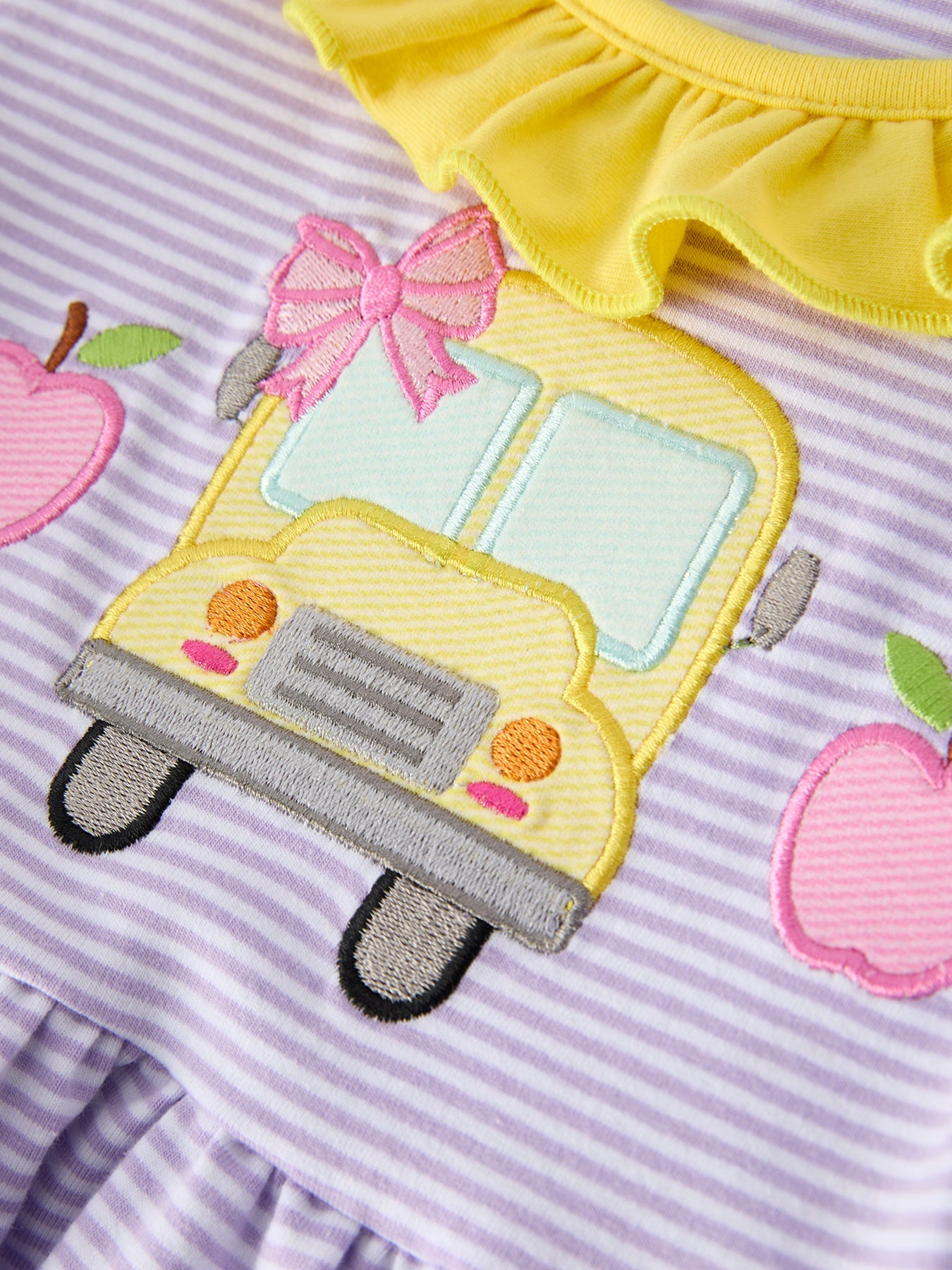 Back To School Bus Applique Ruffle Pocket Girls Dress