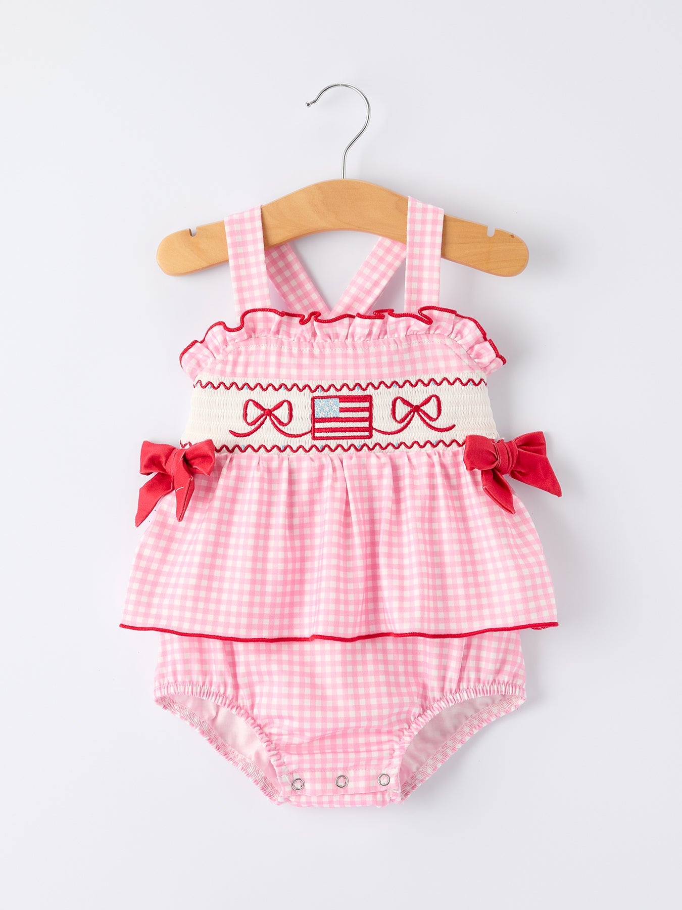 4th Of July Plaid Girls Romper Bow Ruffle