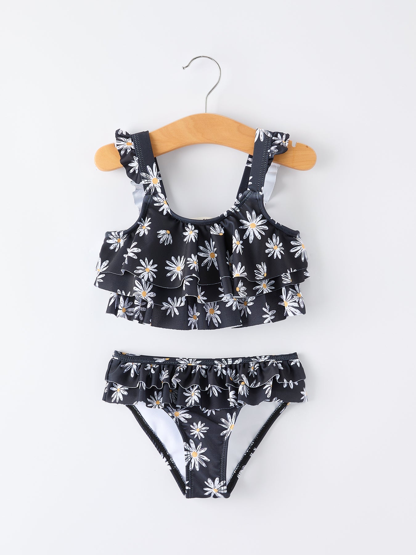 Summer Black Floral Girl Two Piece Swimsuit And Cover-up Set