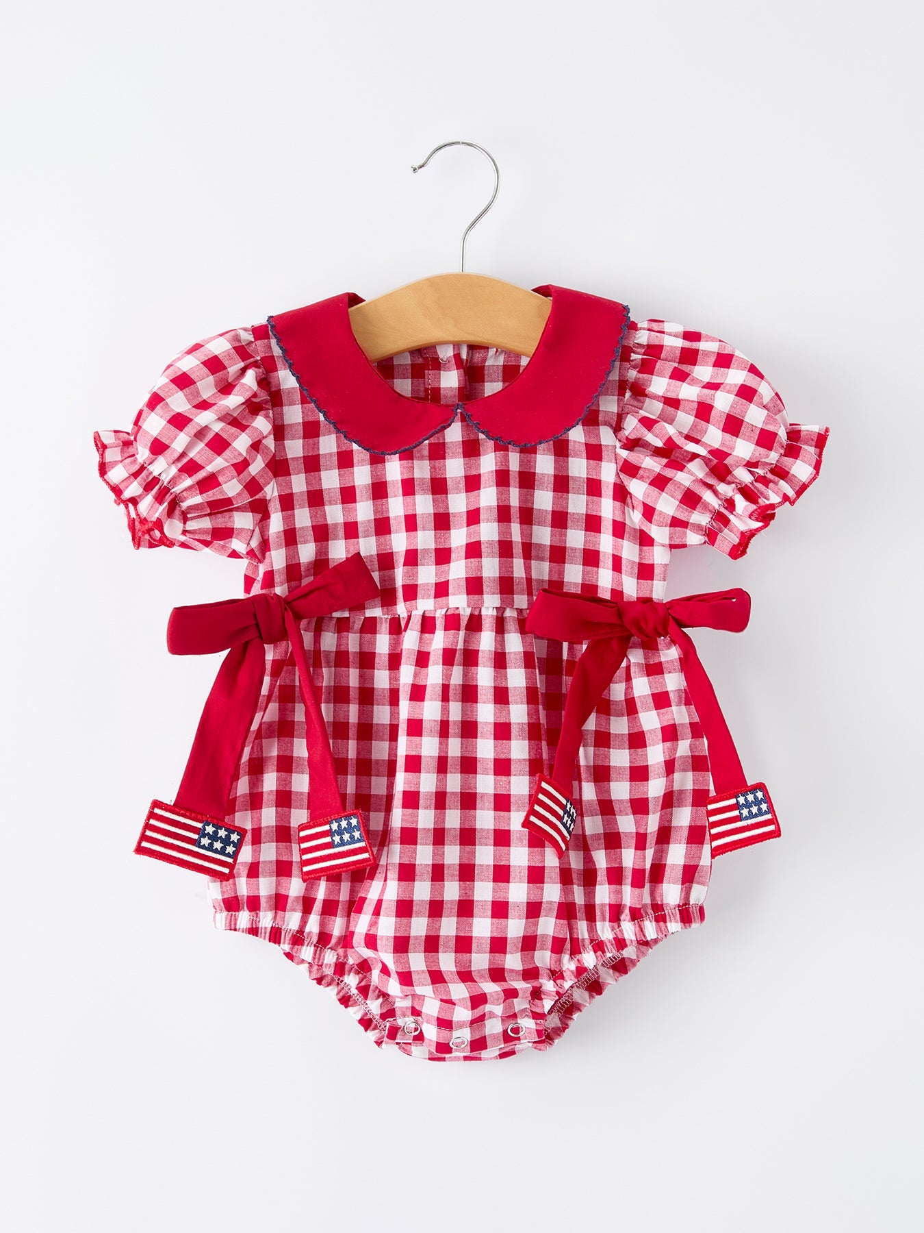 4th Of July Flag Plaid Girl Peter Pan Collar Romper Bow
