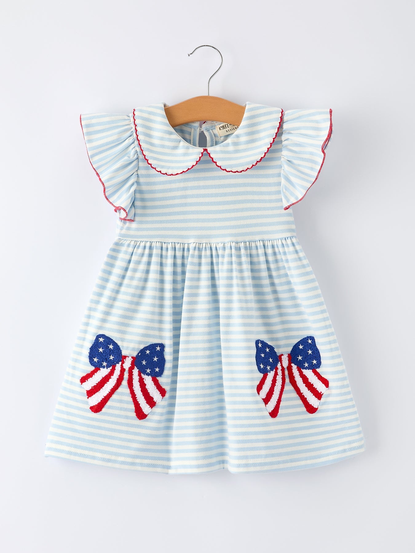 4th Of July Stripe Girls Dress Bow Peter Pan Collar