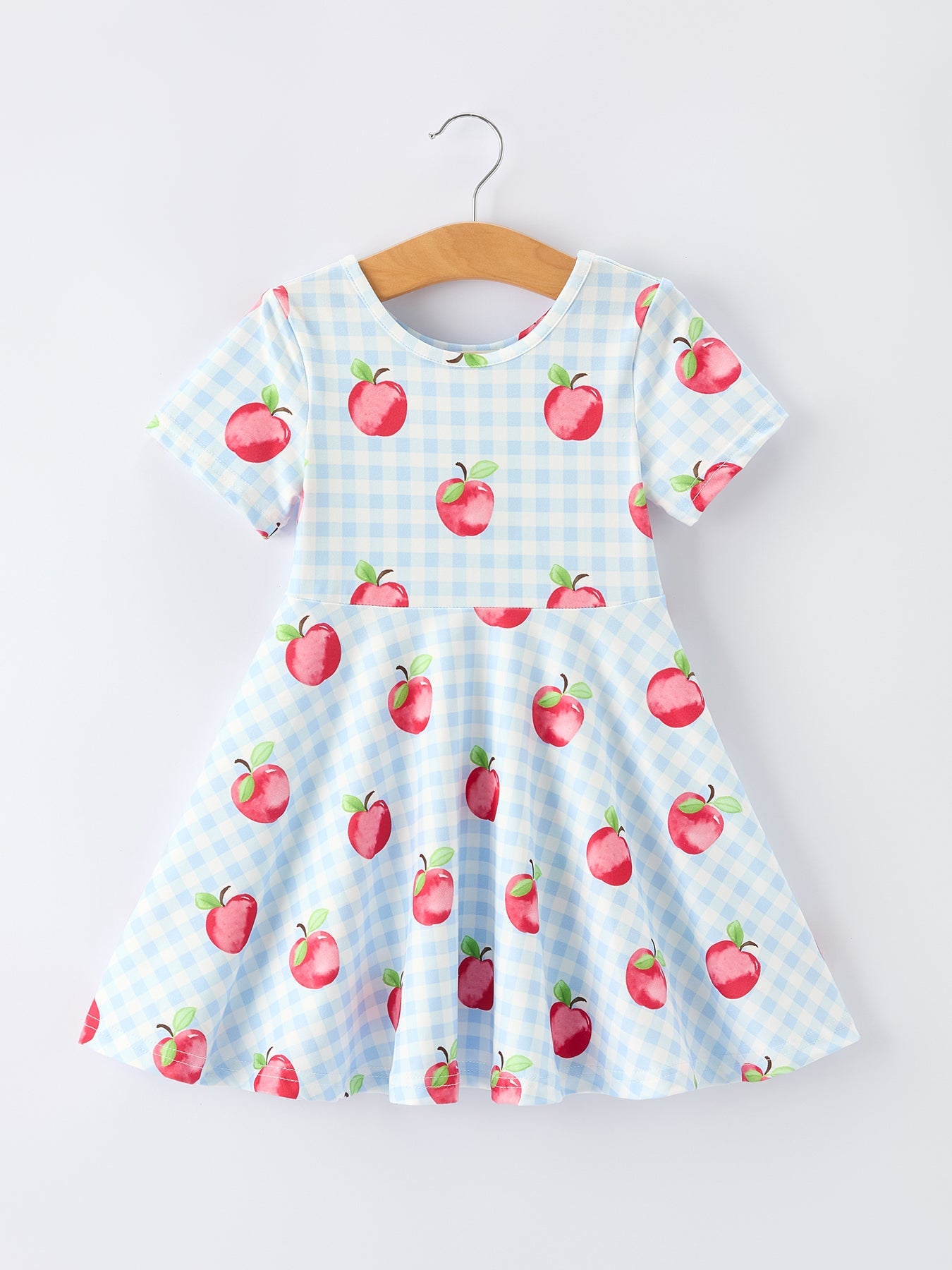 Back To School Apple Plaid Girls Dress Short Sleeve