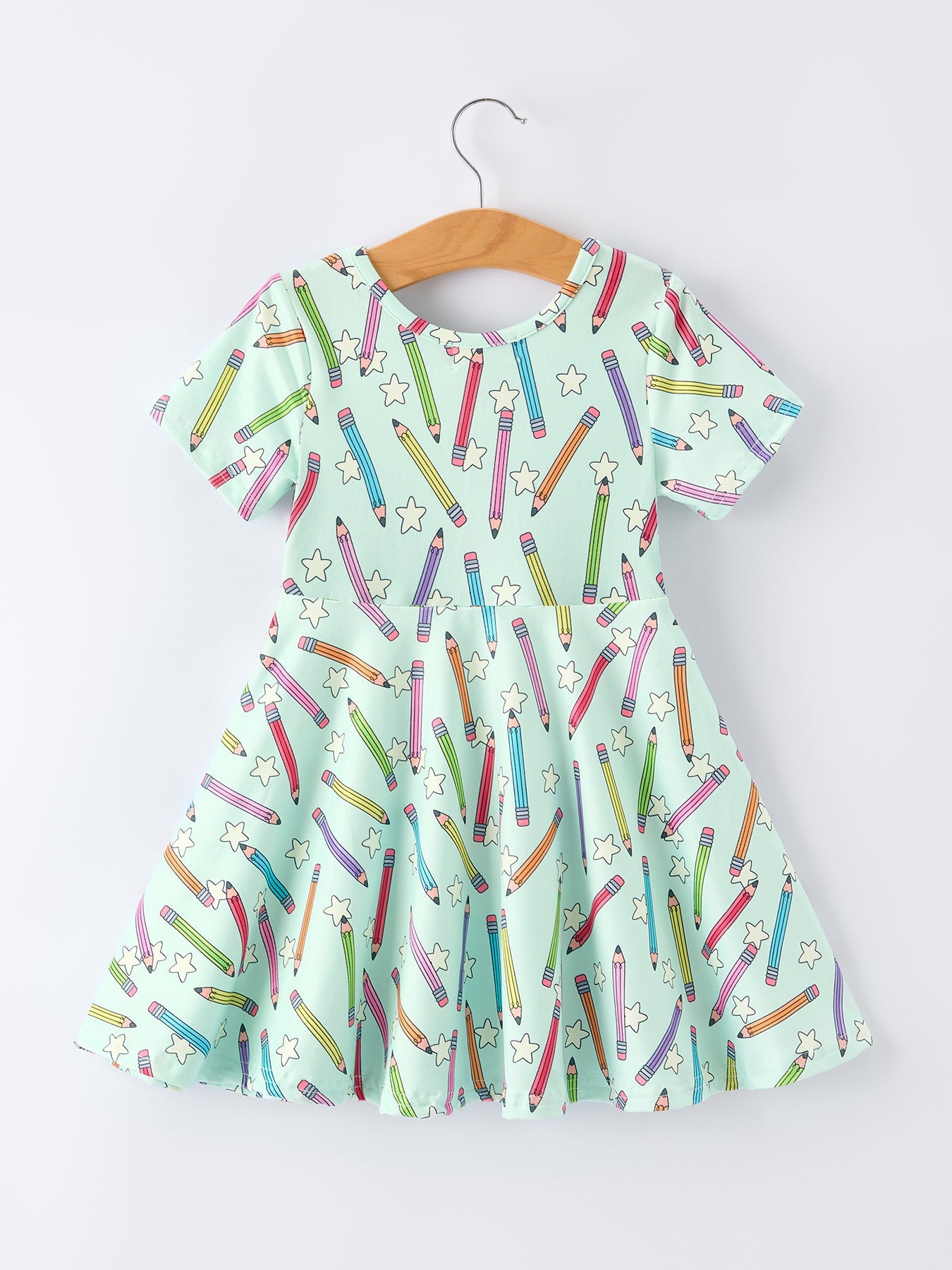 Back To School Pencil Print Girls Dress Short Sleeve