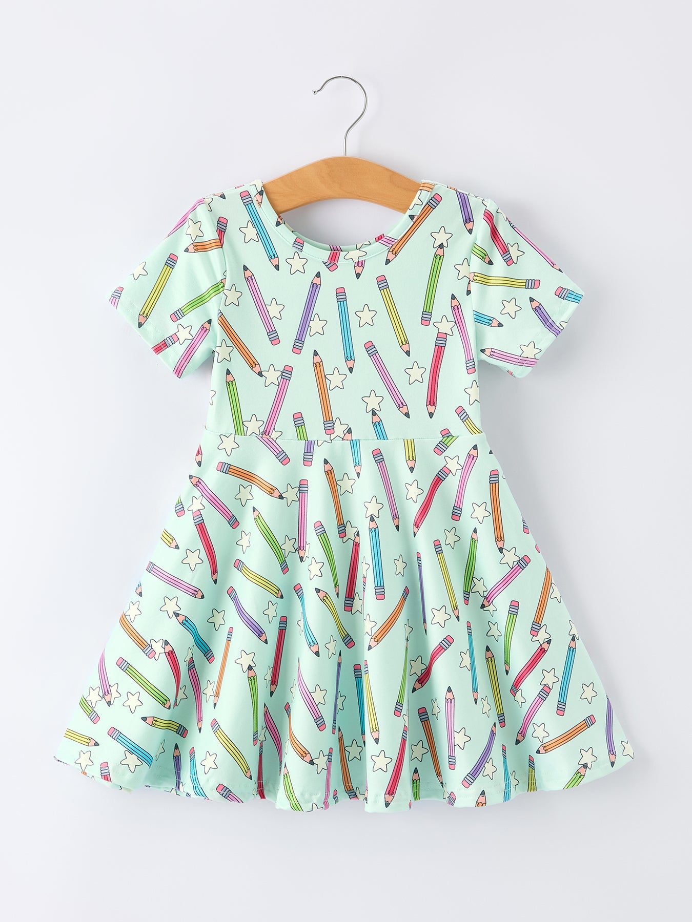 Back To School Pencil Print Girls Dress Short Sleeve