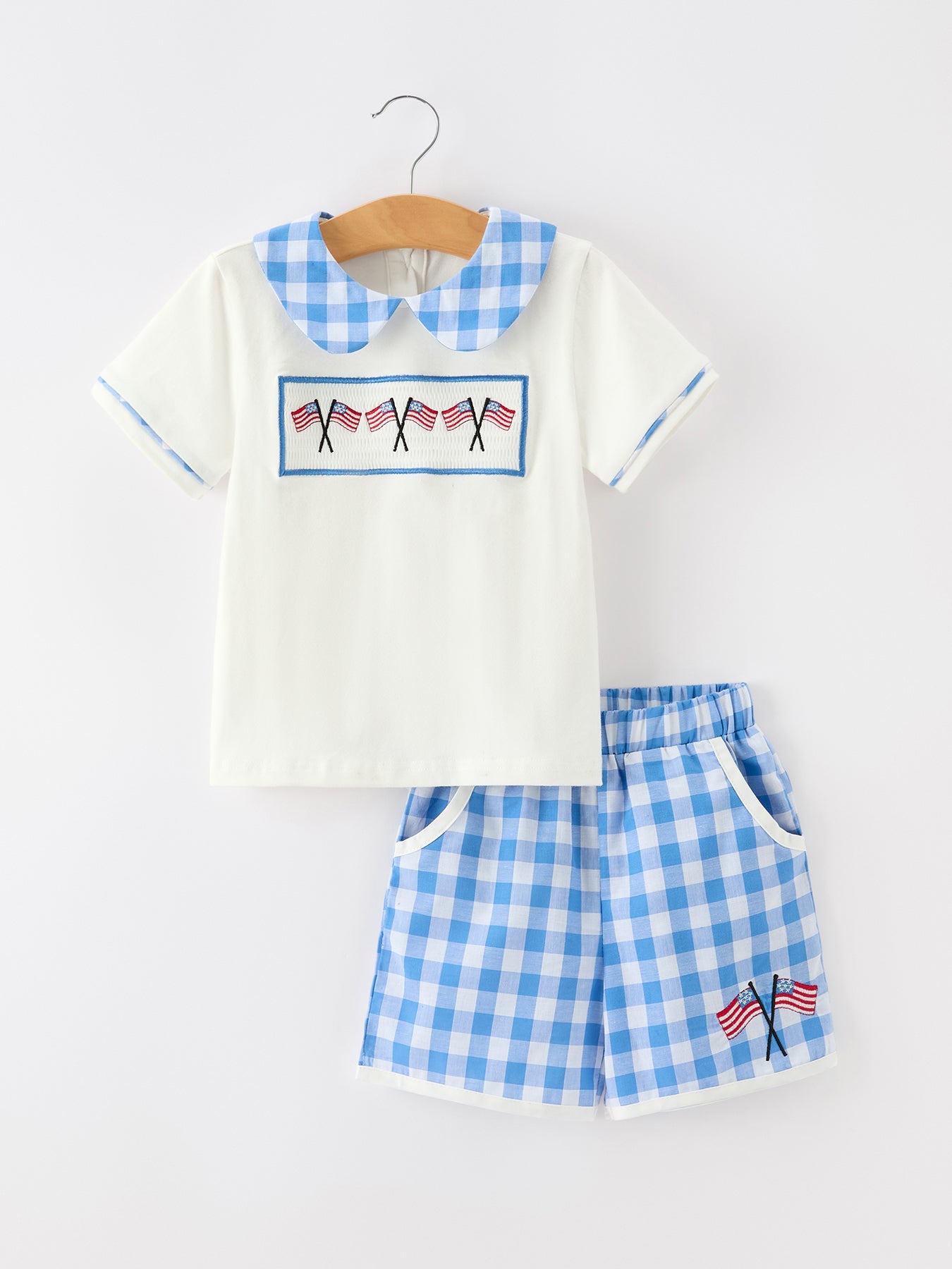 Girls 4th Of July Plaid Outfit Set Flag Embroidery Peter Pan Collar