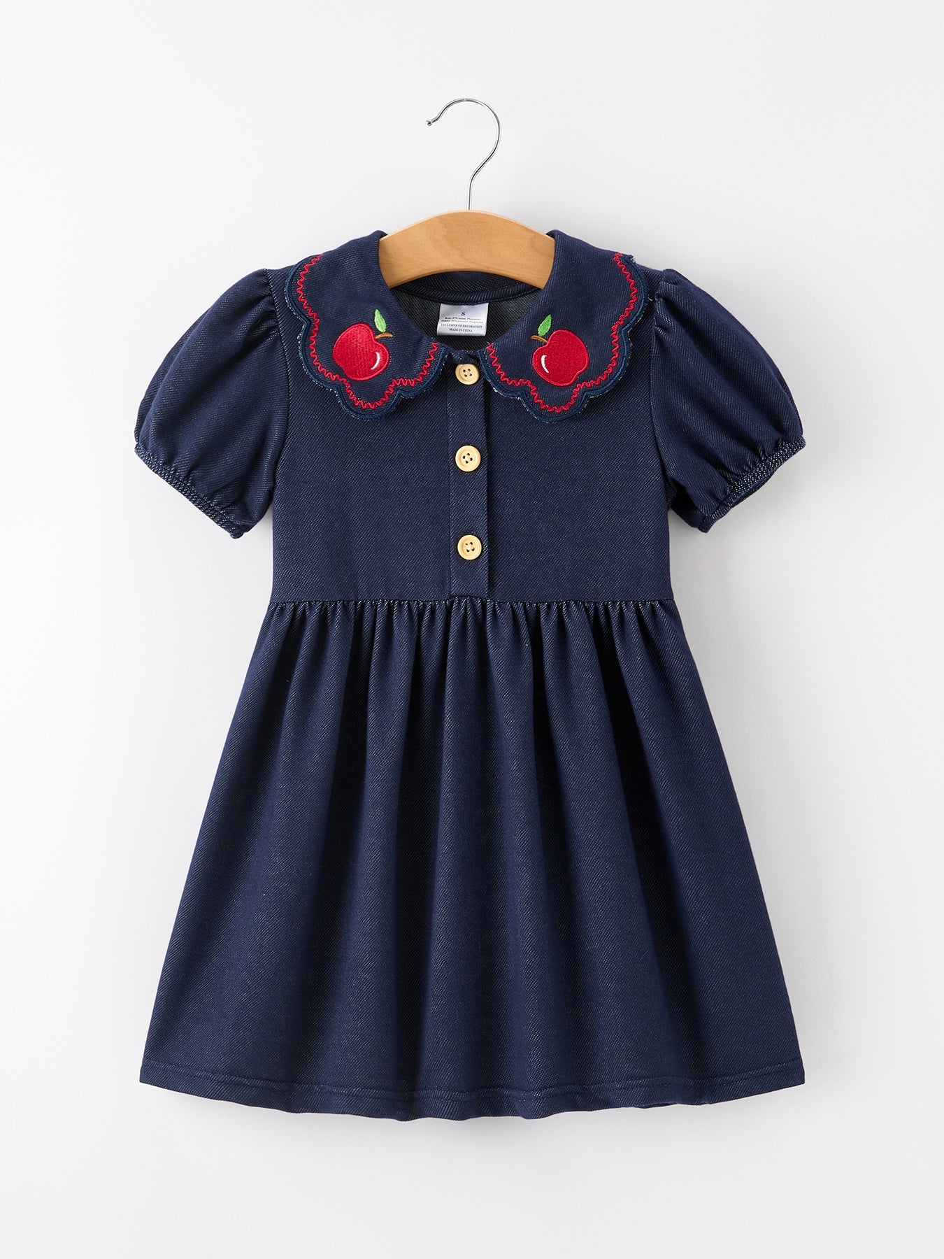 Back To School Apple Applique Girls Dress Petals Collar
