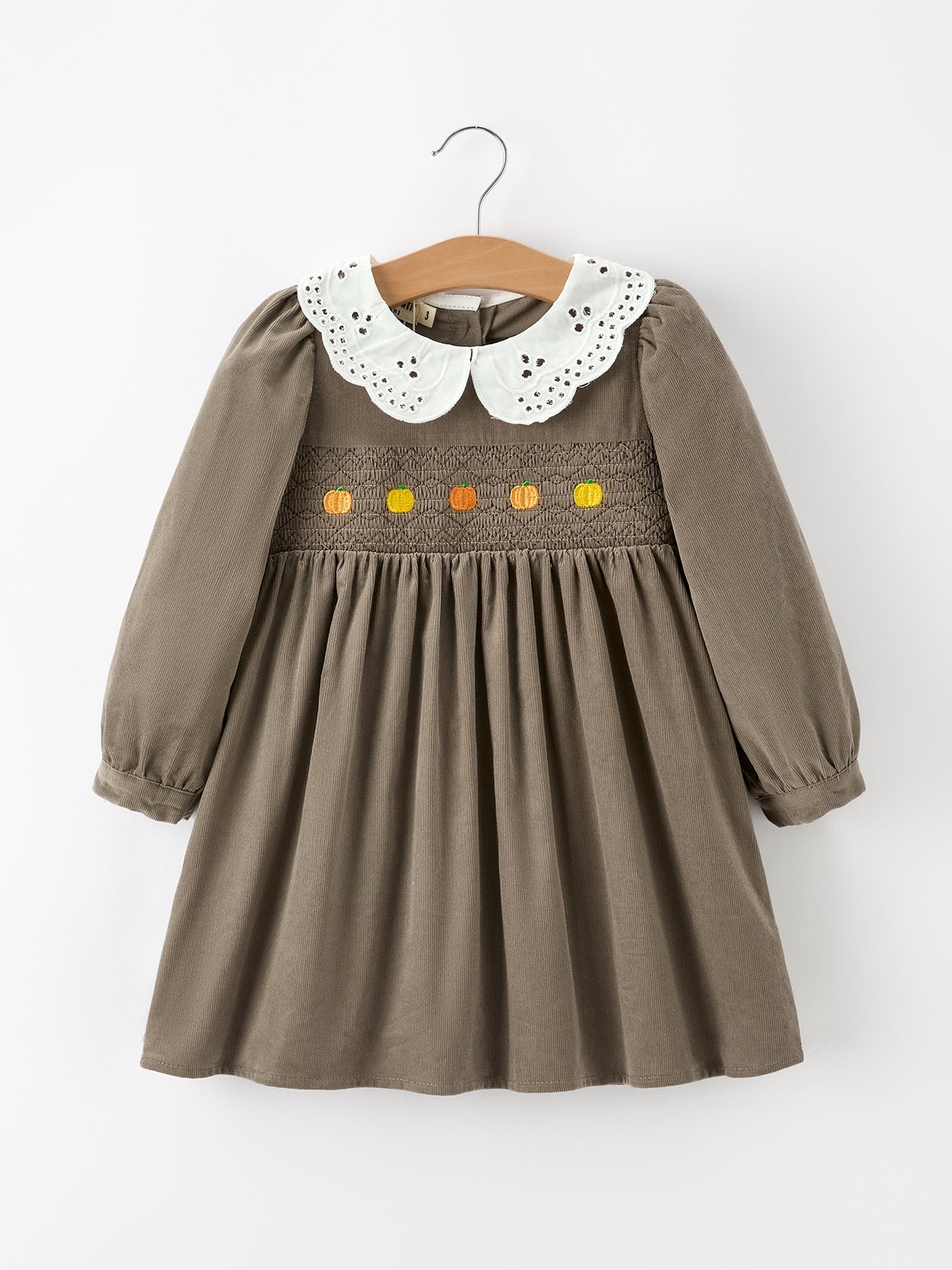 Fall Girls Pumpkin Smocked Eyelet Collar Corduroy Dress 5