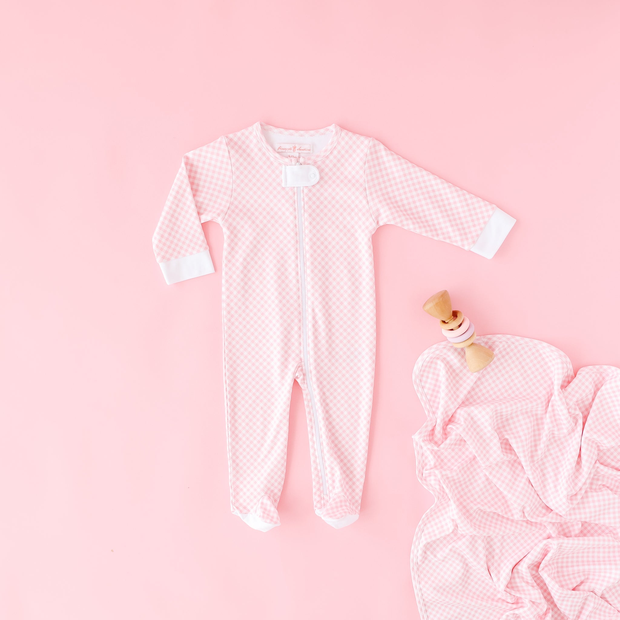 Pink Gingham Zip Footie