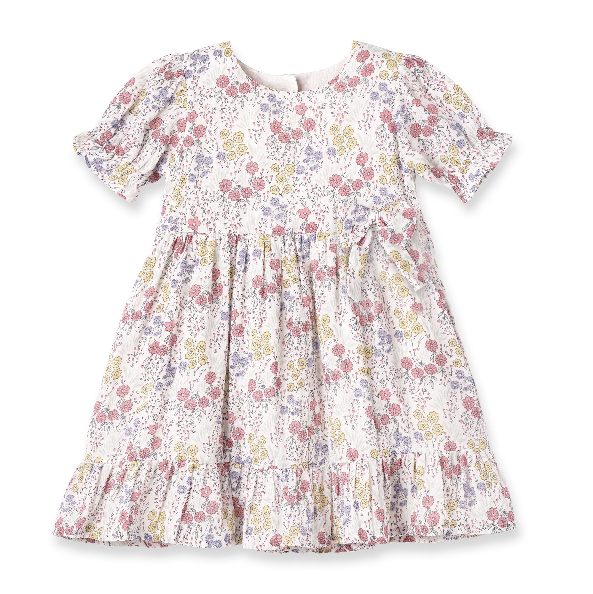 Cotton Floral Gauze Dress With Bow