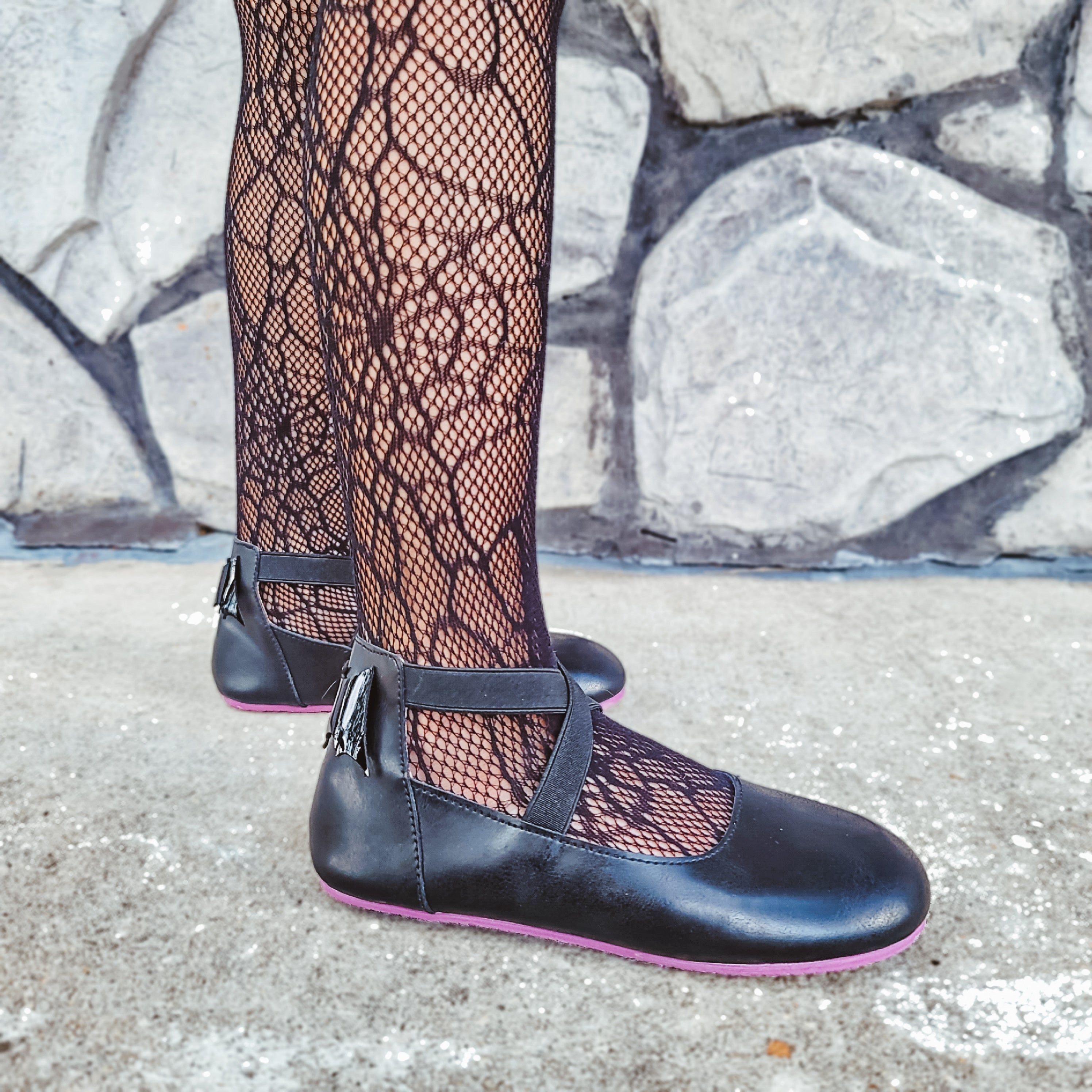 Bat Ballets - Black Smooth Leather - Purple Soles