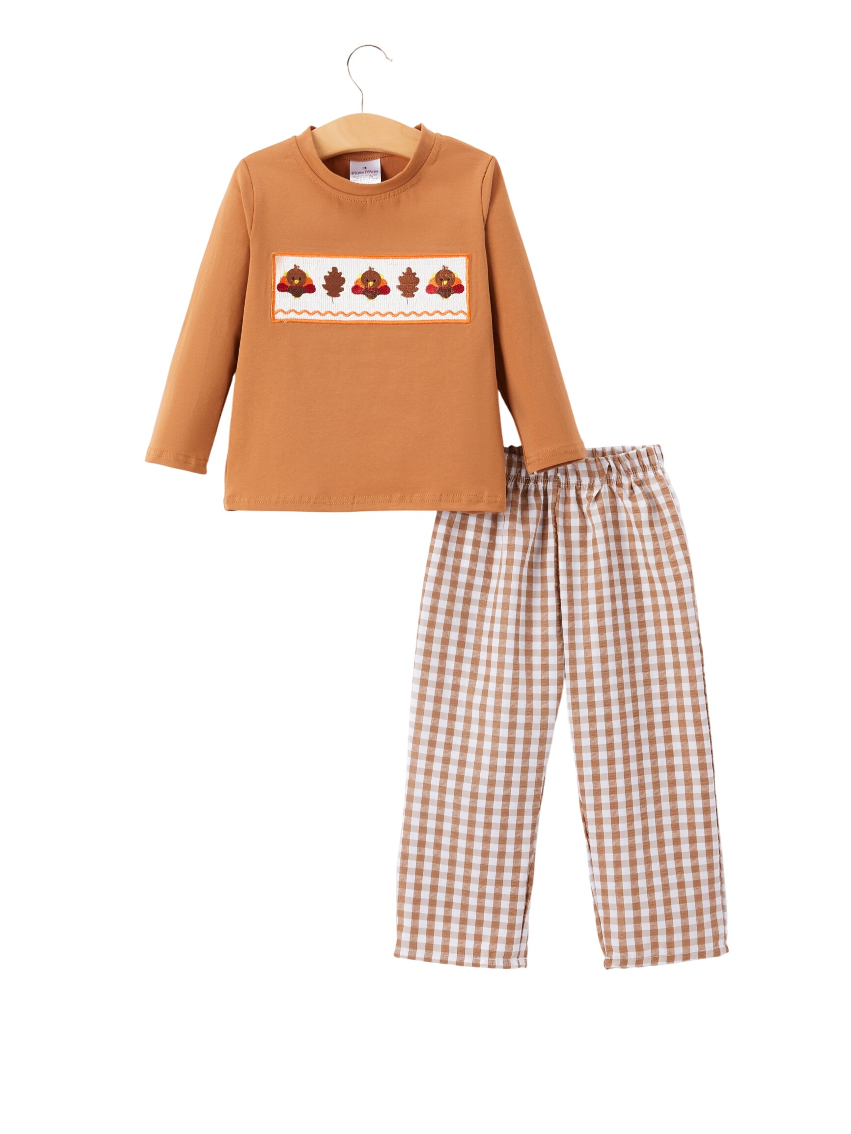 Fall Boys Thanksgiving Smocking Embroidered Brown Plaid Outfit Set