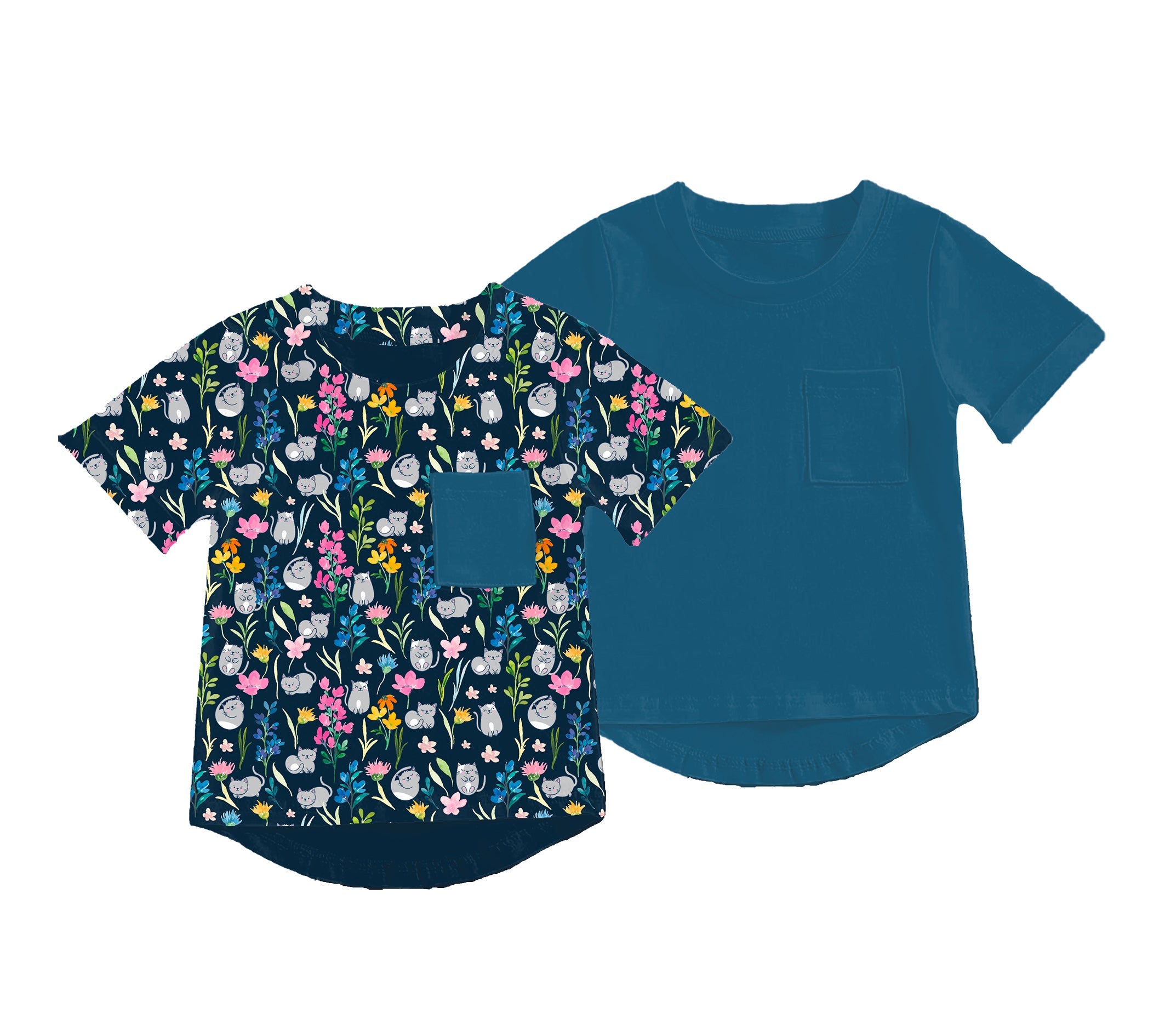 Set Of 2 Clawed Meownet Floral Cats Bamboo Pocket Tees