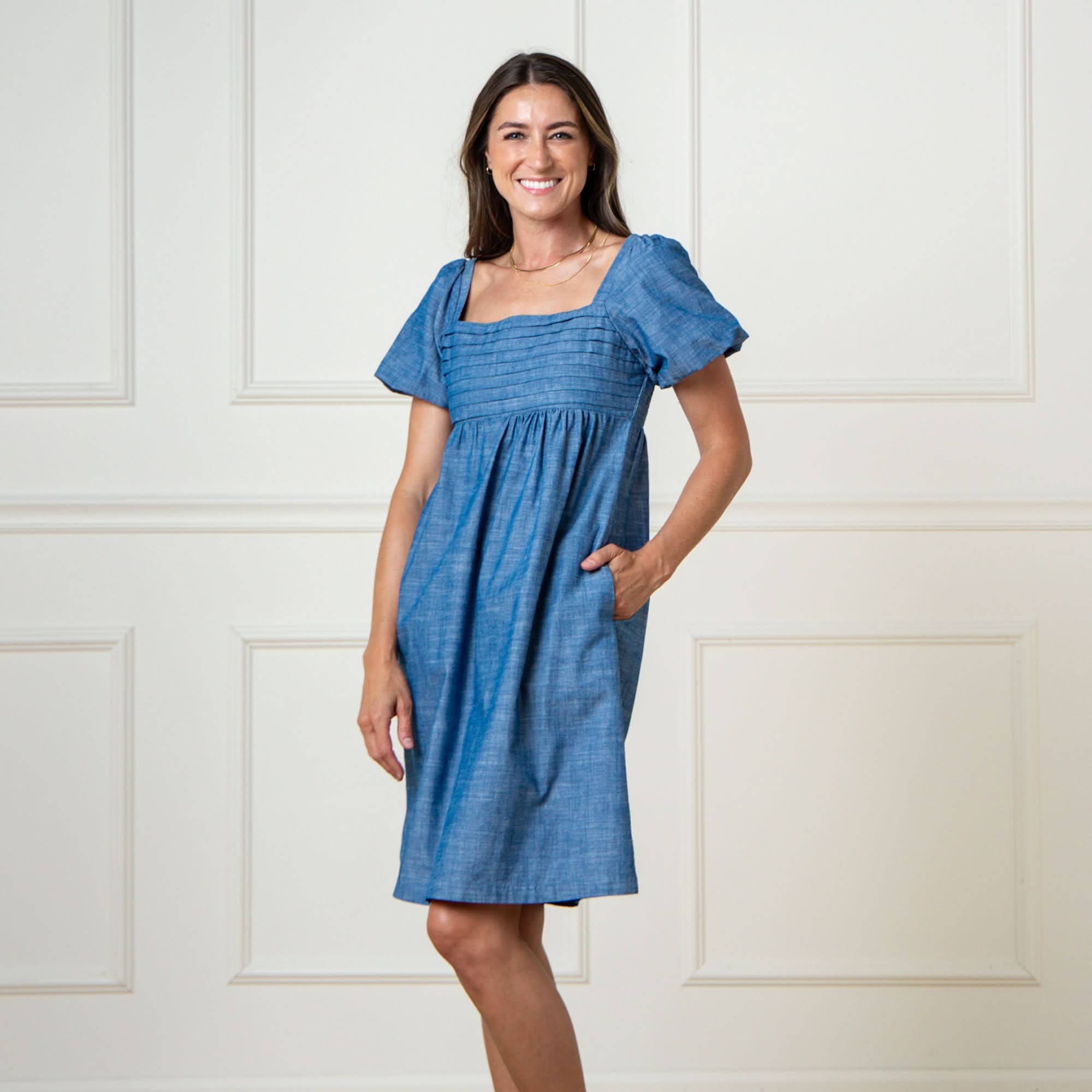 Organic Ruched Chambray Dress