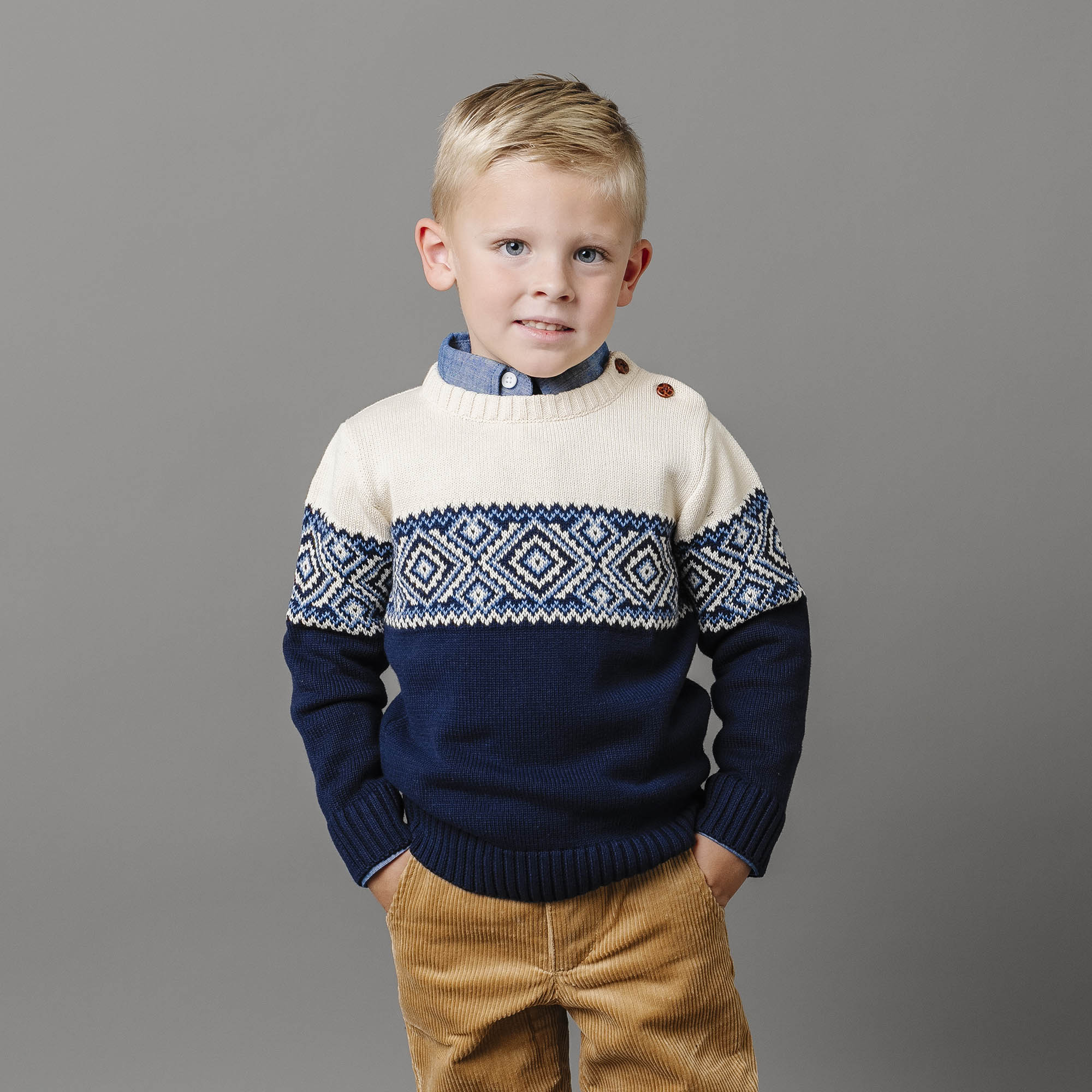 Organic Intarsia Crew Neck Button Sweater - Baby