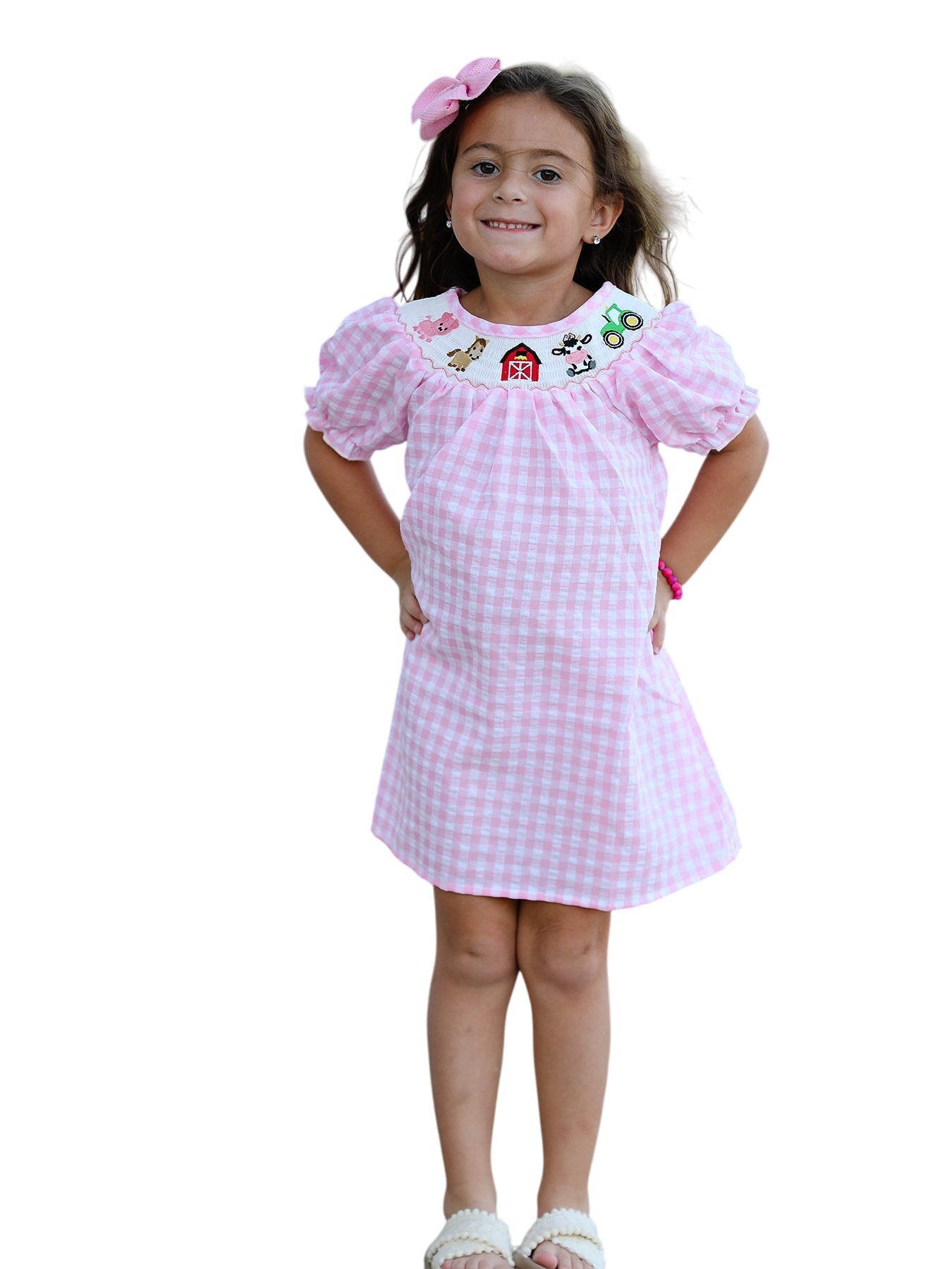 Farm Pink Smocking Embroidered Girls Dress