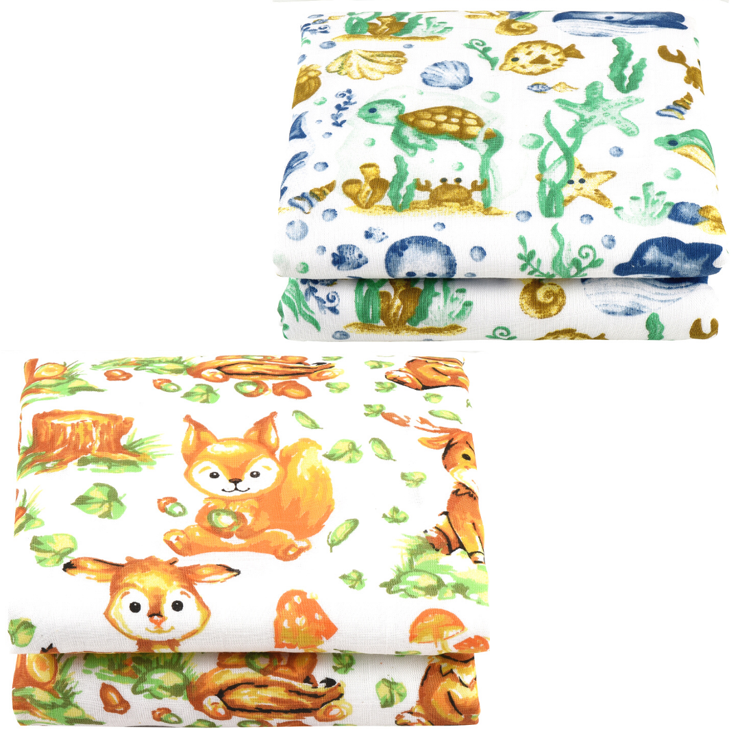 Bamboo Viscose Muslin Swaddle Blanket Set Of 2, Ocean Life And Woodland Print
