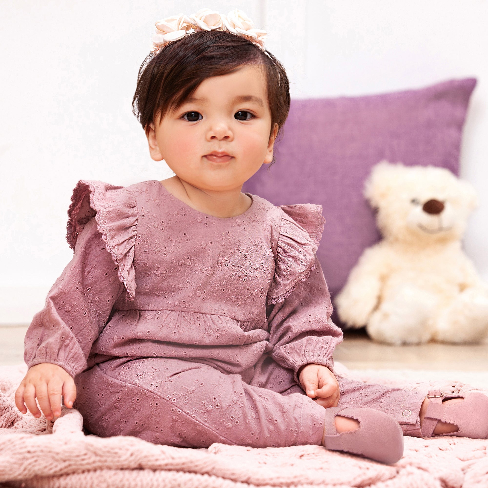Mauve Eyelet Girls Romper – Embroidered Cotton Ruffle Sleeve