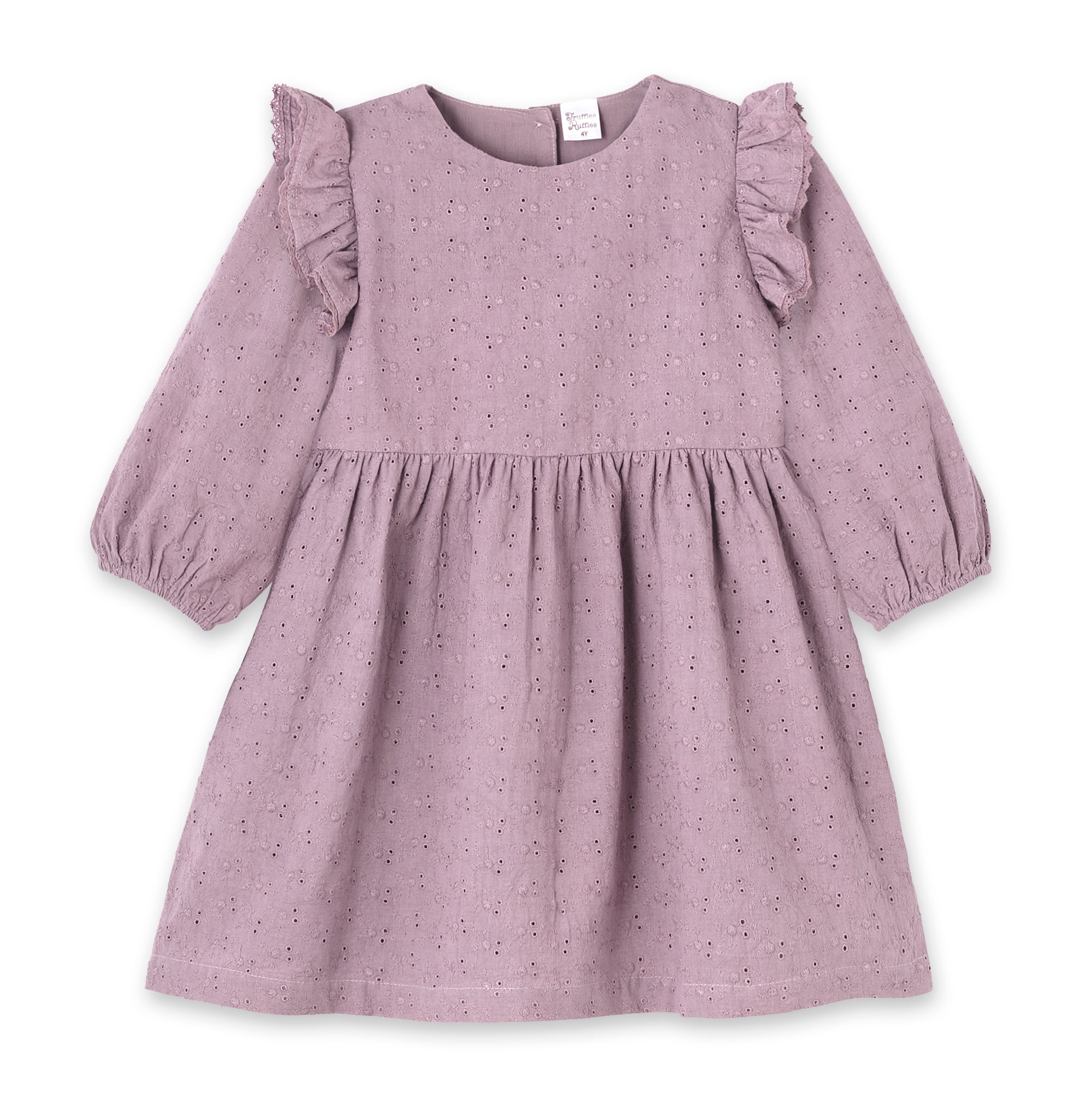 Mauve Eyelet Girls Dress – Embroidered Cotton Ruffle Sleeve