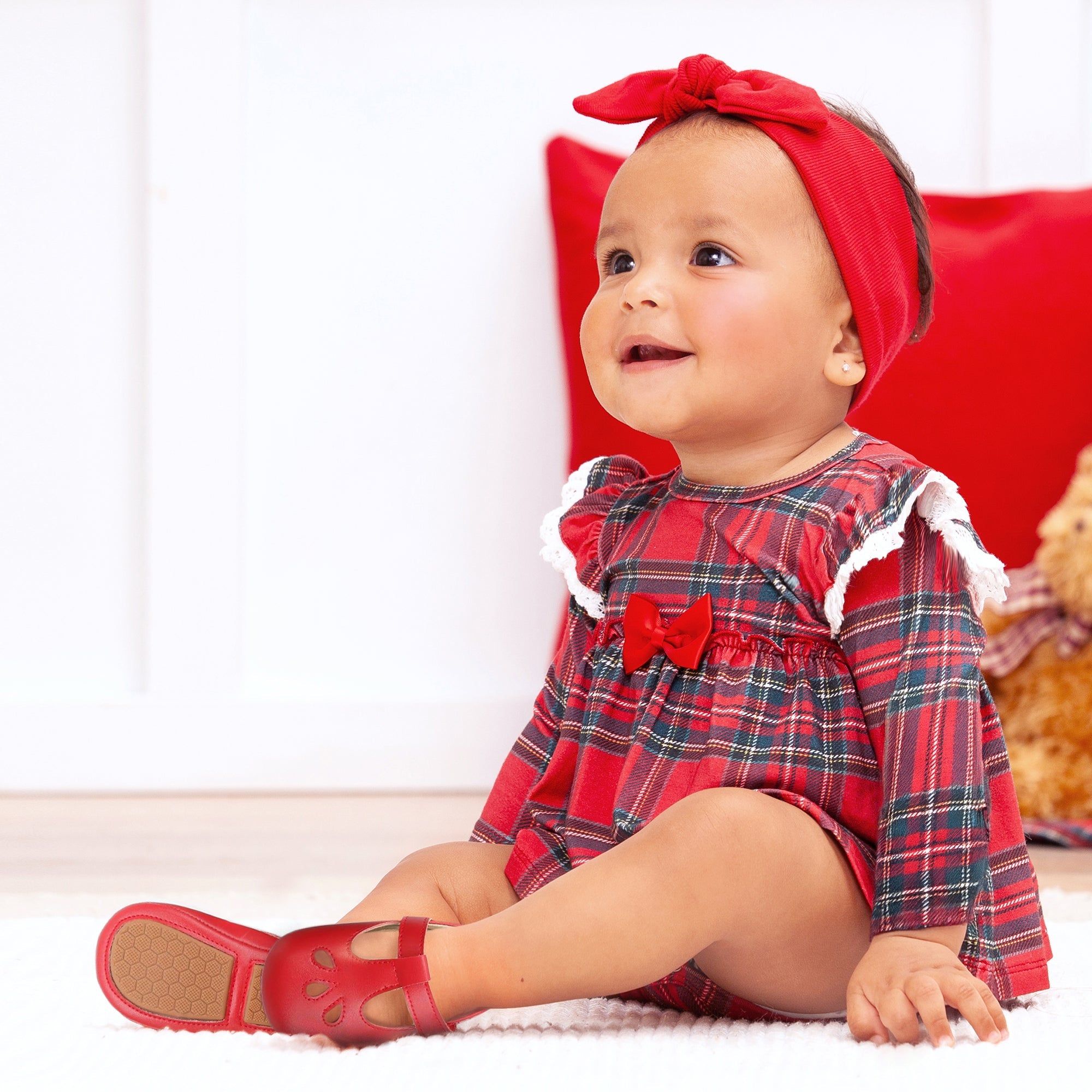 Christmas Bamboo Baby Skirted Bodysuit – Red Holiday Tartan Plaid