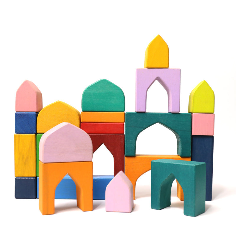 54 Pcs Stained Arabian 1001 Nights Inspired Wooden Building Blocks Set With Tray