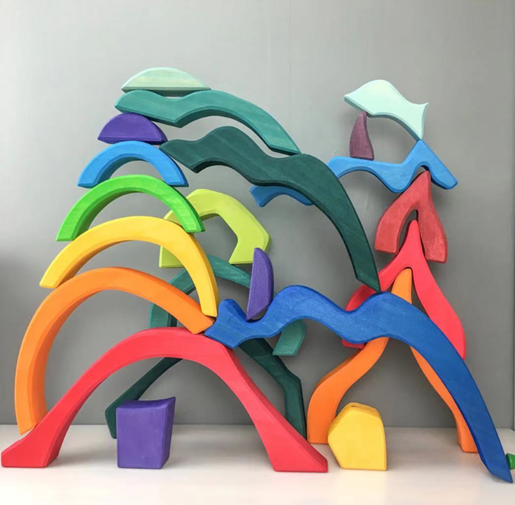 Large Stained Four Elements Wooden Stacking Puzzles Building Blocks