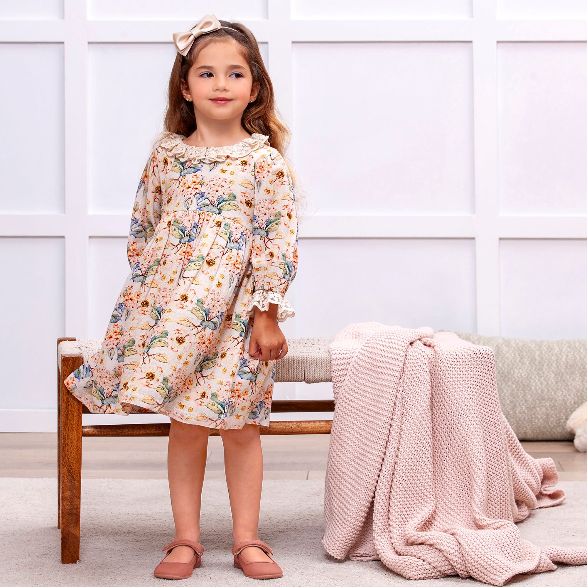 Vivian Girl's Woven Floral Dress With Lace Accents