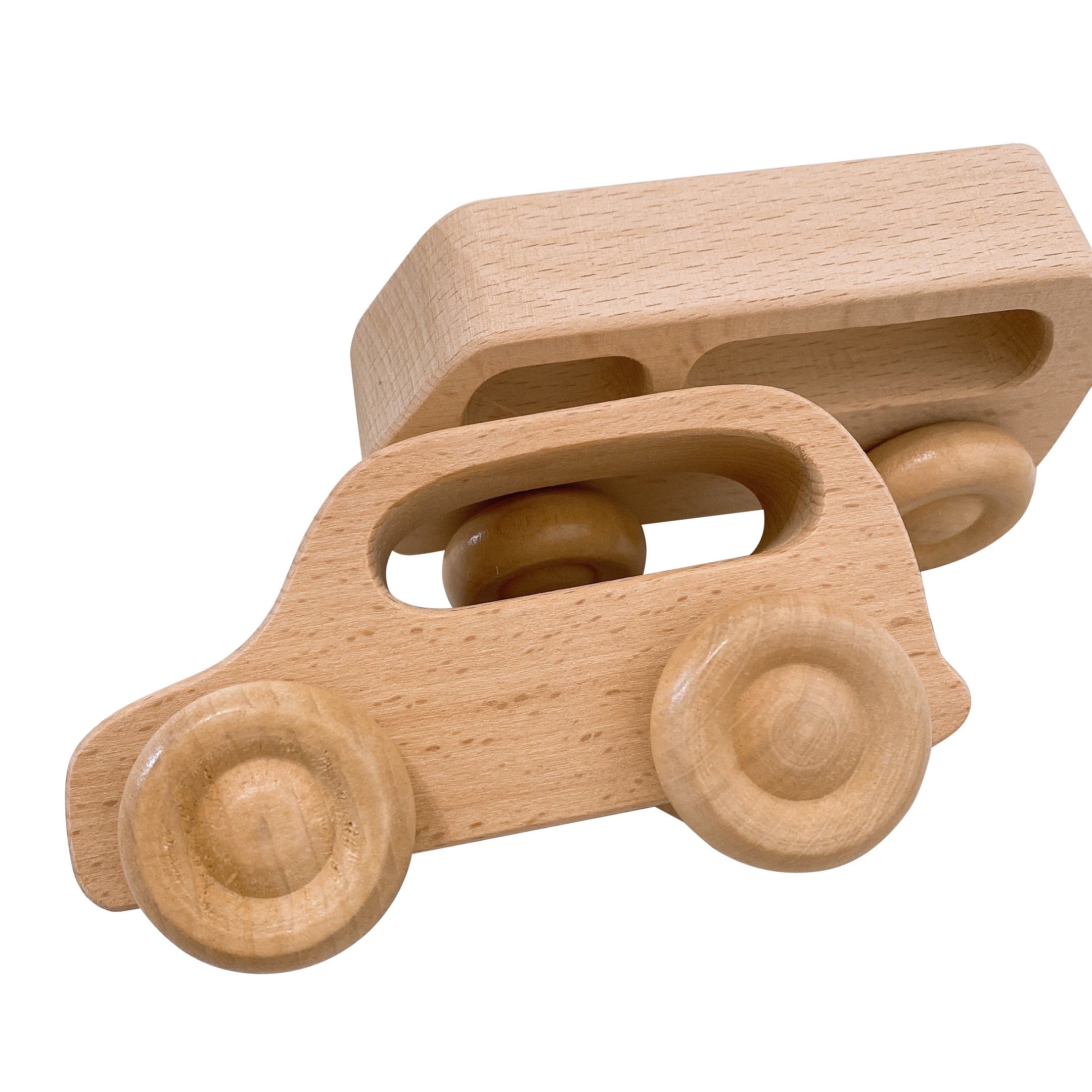 7 Pcs Natural Wooden Cars Set With 3 Pcs Peg Dolls
