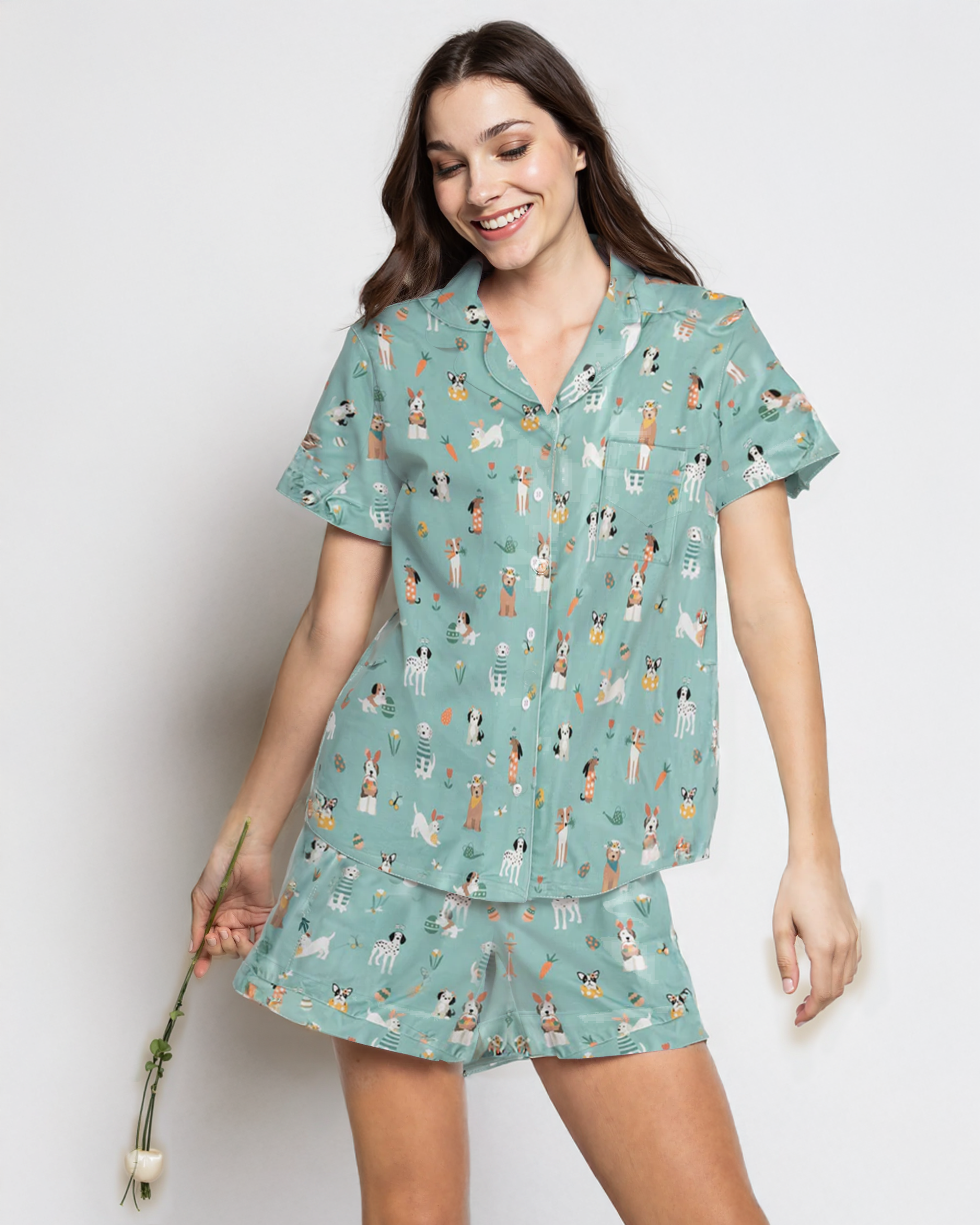 Puppy Egg Hunt (women's Short Sleeve Pj) - Aquamarine