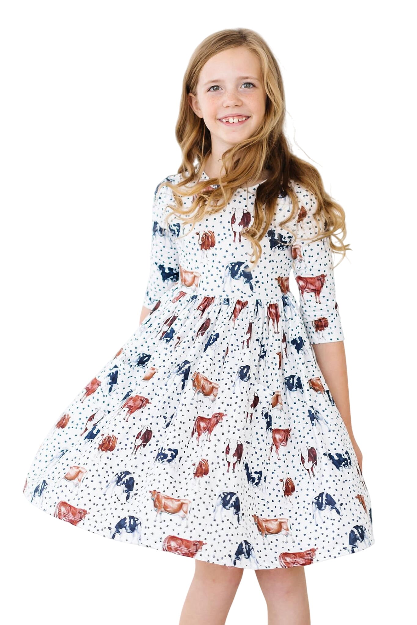 Moo Meadows 3/4 Sleeve Pocket Twirl Dress