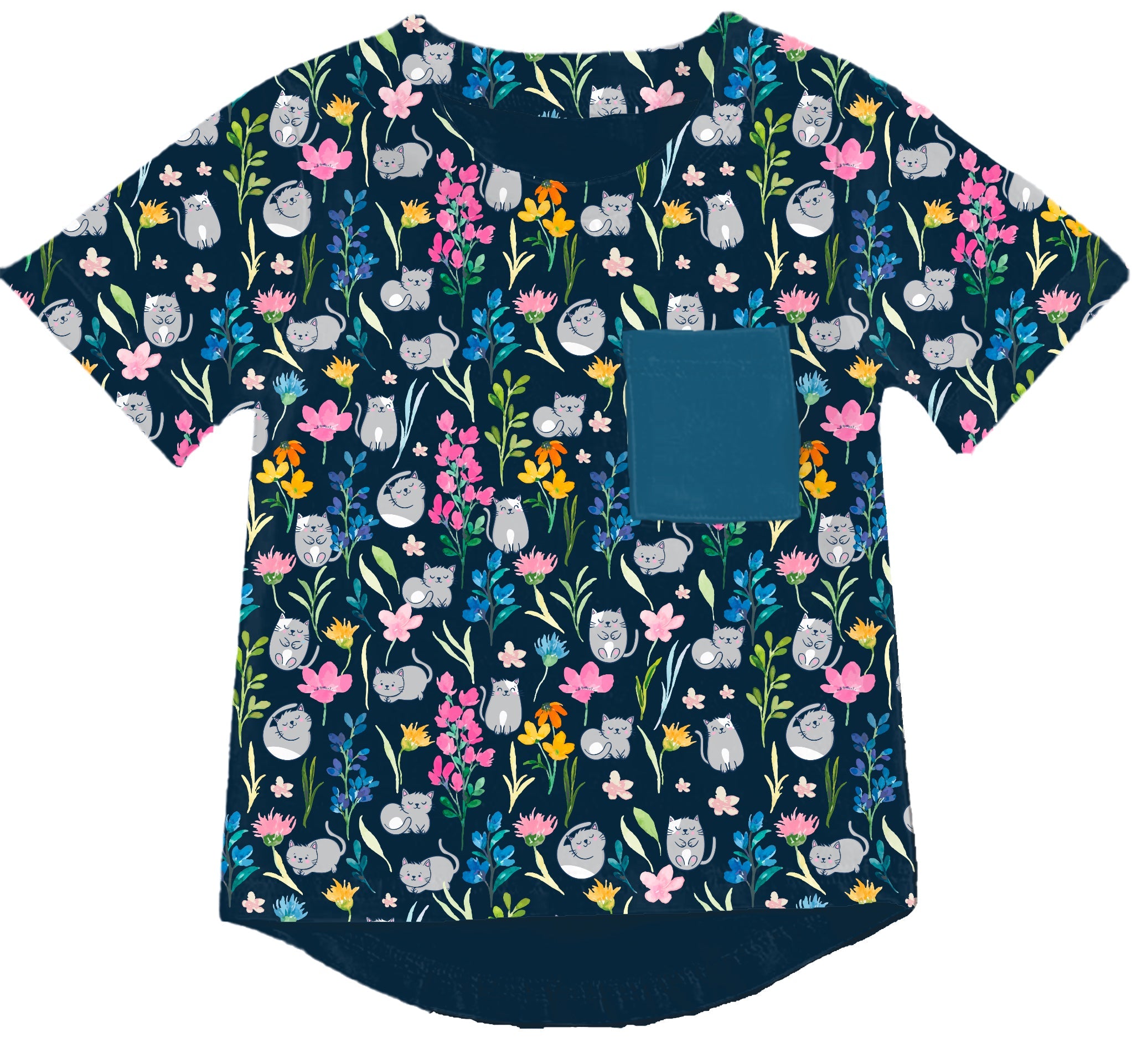 Set Of 2 Clawed Meownet Floral Cats Bamboo Pocket Tees