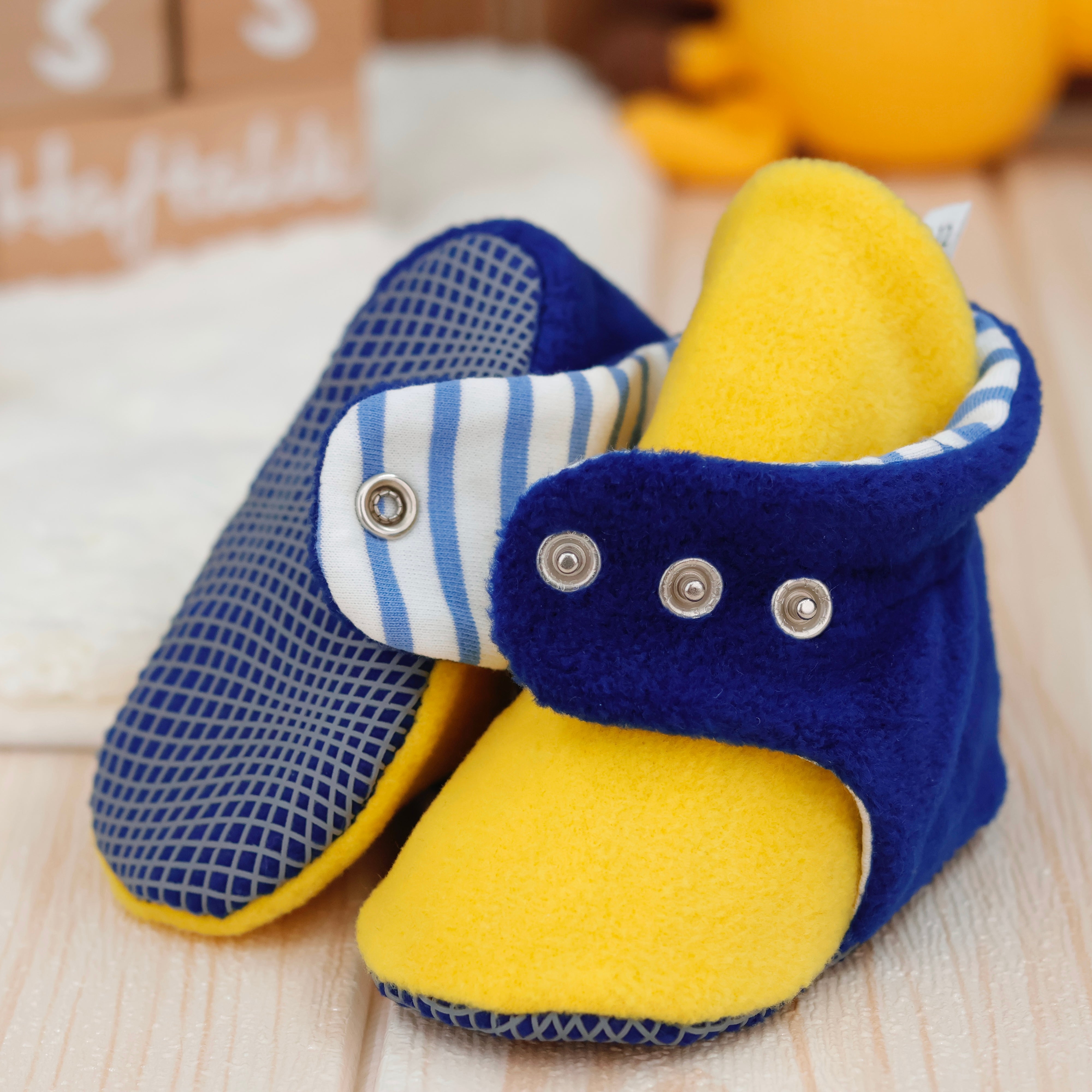 Anti-slip Sole, Fleece Baby Booties, Newborn Home Booties, Sweat Proof Organic Cotton Lining, Yellow Blue