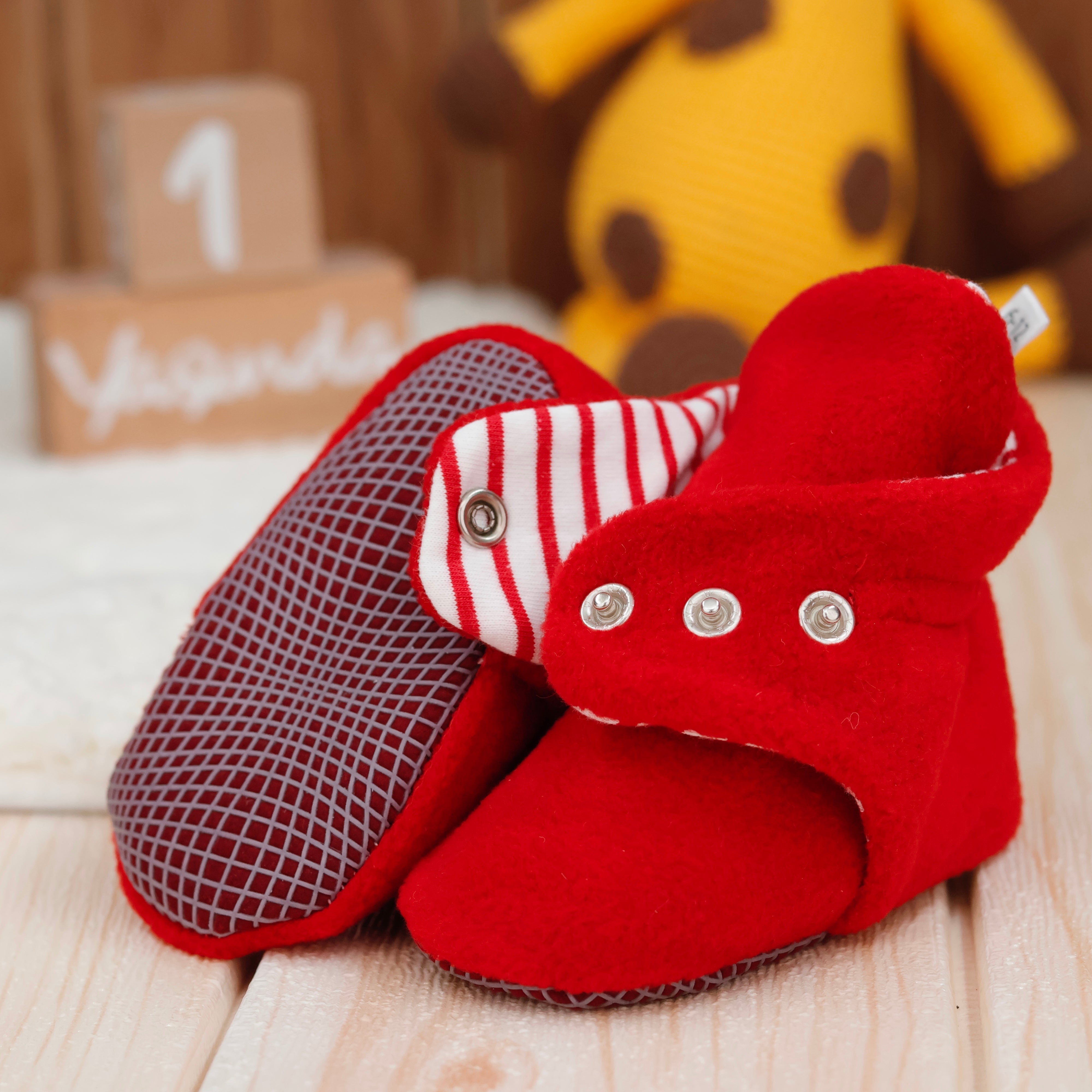 Anti-slip Sole, Fleece Baby Booties, Newborn Home Booties, Sweat Proof Organic Cotton Lining, Red