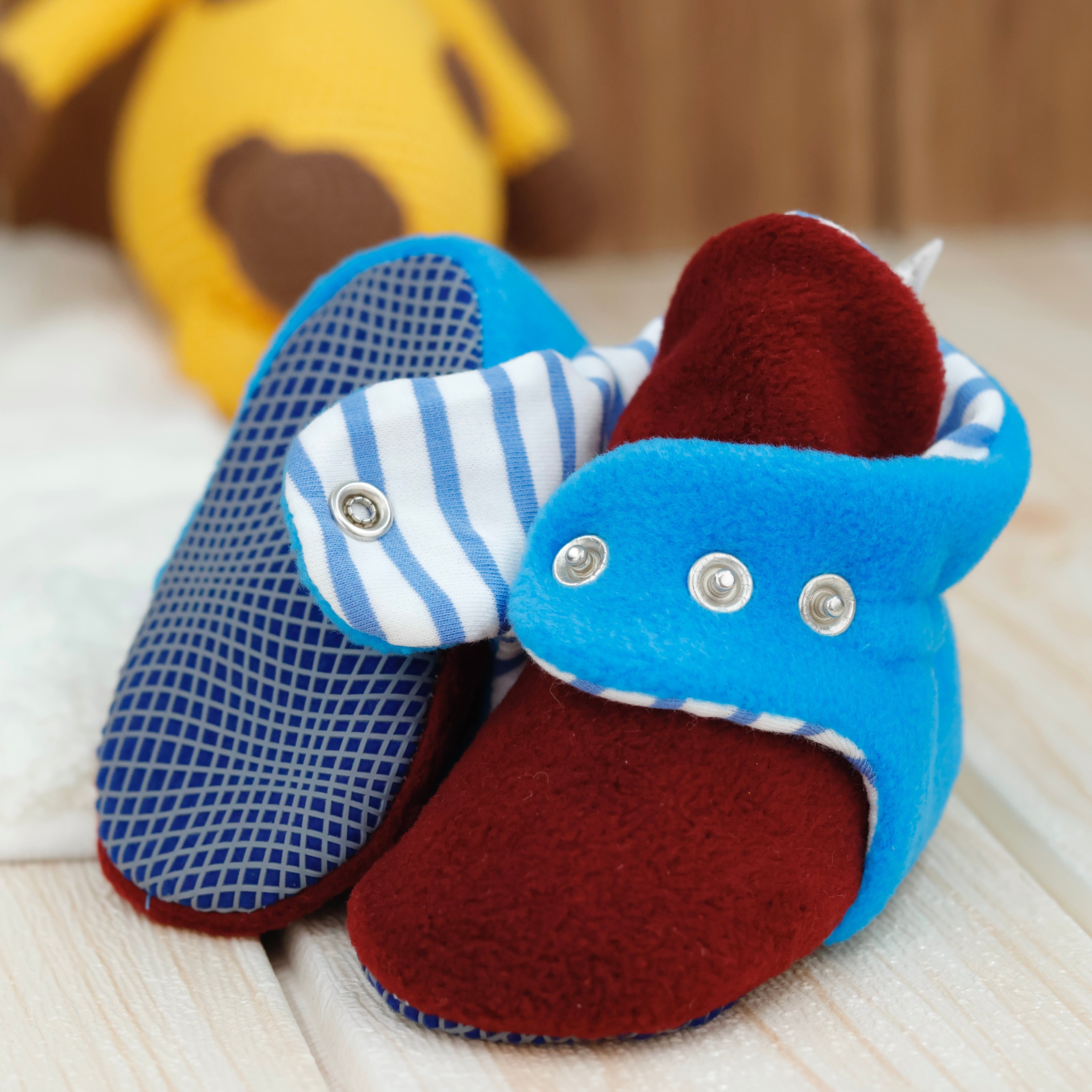 Anti-slip Sole, Fleece Baby Booties, Newborn Home Booties, Sweat Proof Organic Cotton Lining, Burgundy Blue