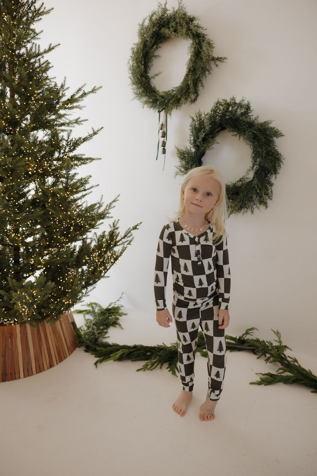 Bamboo Two Piece Pajamas | Christmas Tree Checkerboard