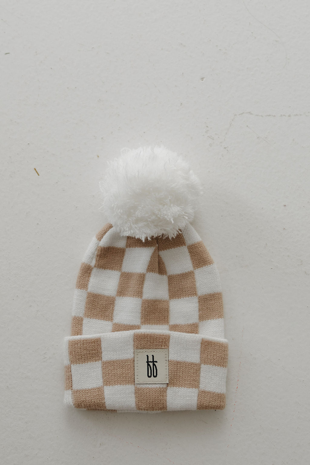 Ff Knit Pom Top Beanie | Tan Checkerboard