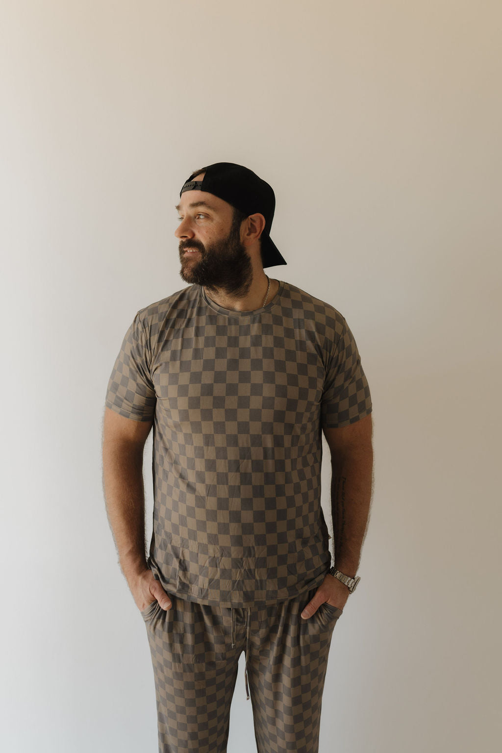 Men's Bamboo Short Sleeve Pajama | Faded Brown Checkerboard
