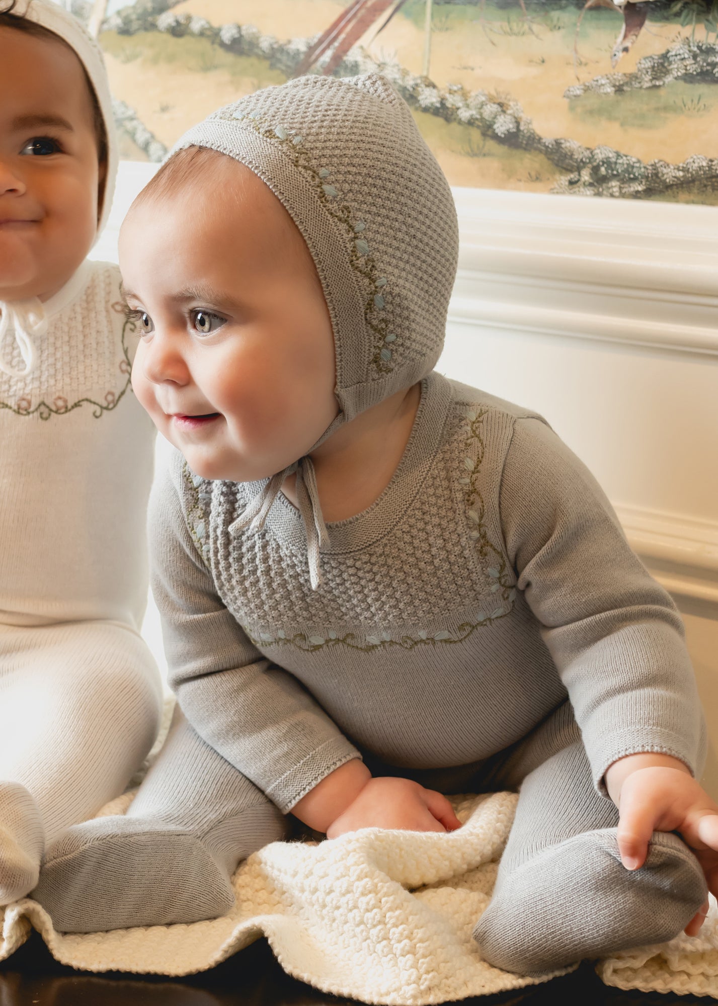 Embroidered Knit Footie And Bonnet
